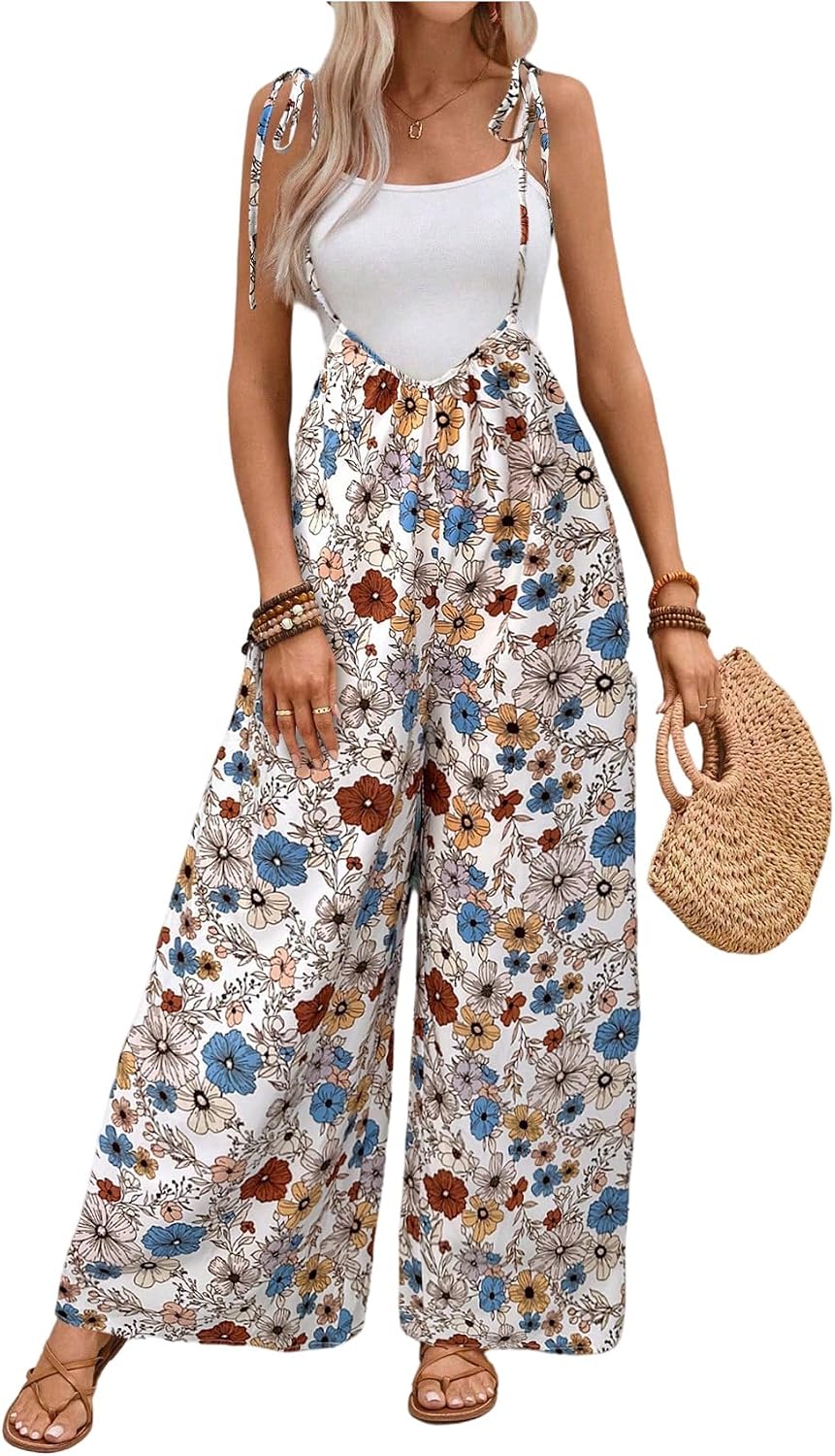 Floerns Women's Boho Floral Sleeveless Jumpsuit Summer Tie Shoulder Wide Leg Baggy Pants