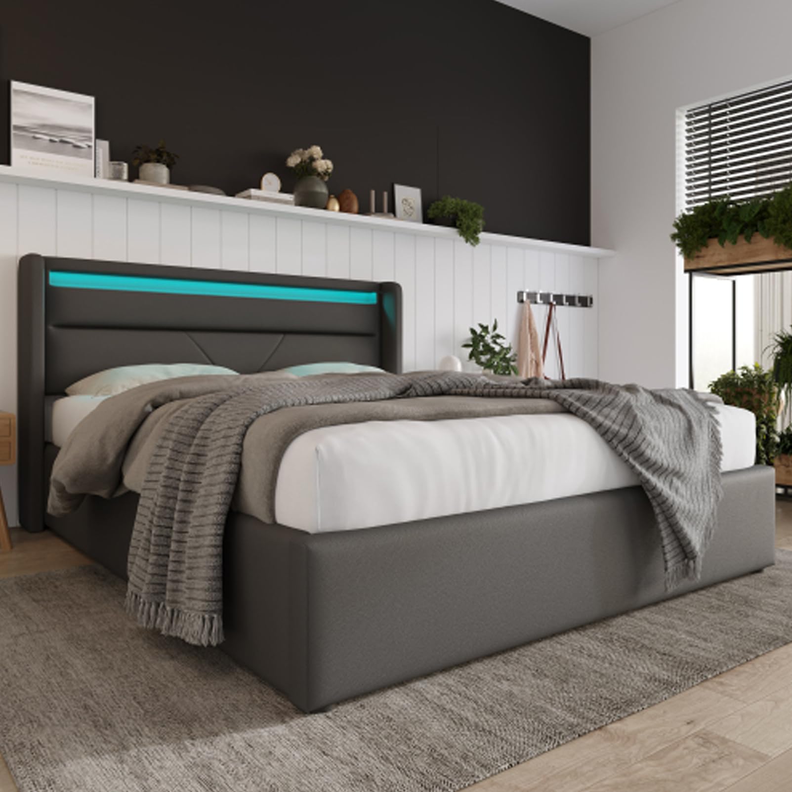 Letto Imbottito Idraulico Con Striscia Luminosa A LED Letto Matrimoniale King Size Con Rete A Doghe Letto Per Ragazzi Per Adulti Ragazzi Letto Contenitore Box Letti Per Gli Ospiti Grigio 160x200 Cm