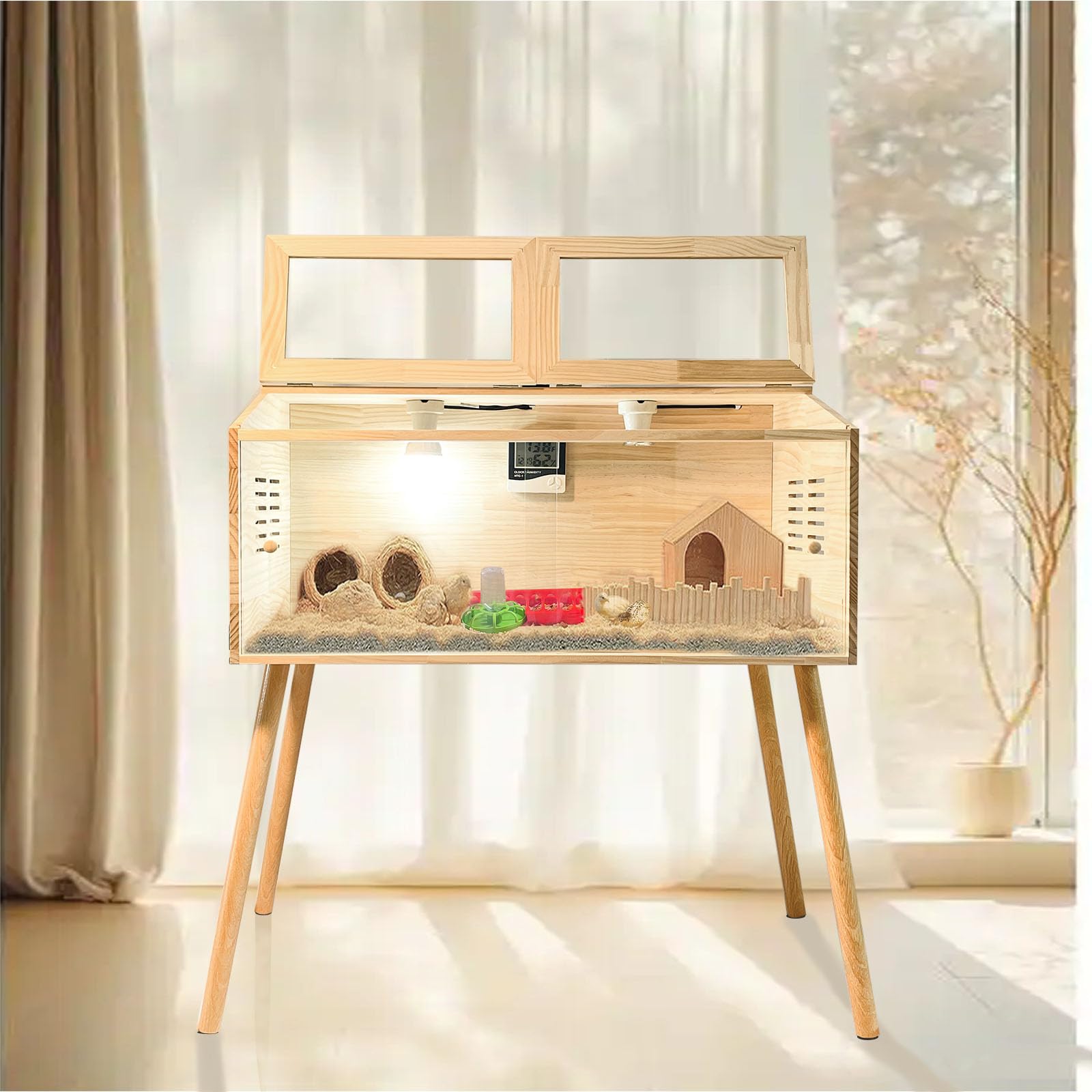 Caja de cría para pollitos, incubadora de pollitos, kit de caja de cría de pollitos con calor, caja de cría de pollitos con puerta corredera, con termostato, patas de mesa, medidor de temperatura y
