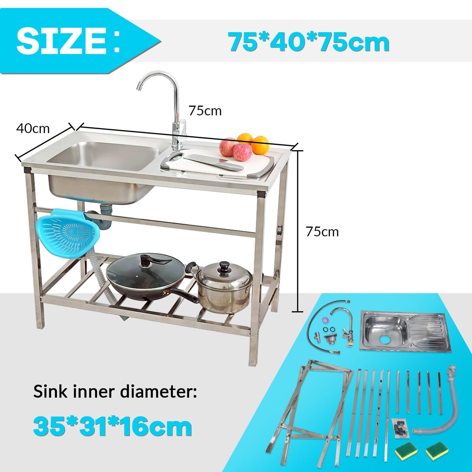 Évier En Acier Inoxydable Extérieur Évier De Jardin Evier De Restaurant Commercial Avec Robinet Et Établi Évier De Autoportant Pour Buanderie Salle De Bain Facile À Assembler(75x40x75cm)