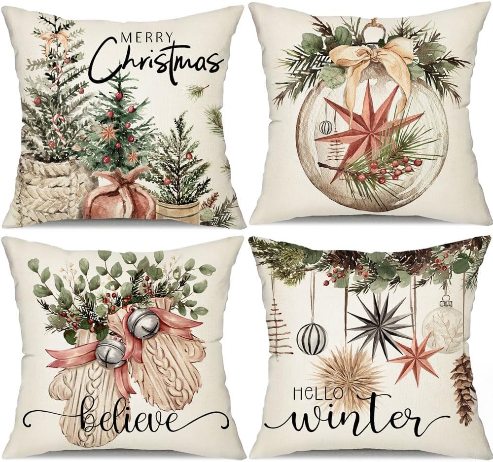 AENEY Christmas Decorations Pillow Covers 18x18 Set of 4 Watercolor Wreath Bird