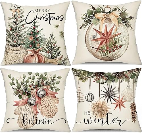 DFXSZ Juego de 4 fundas de almohada de Navidad de 20 x 20 pulgadas, guantes de árbol de Navidad, fundas decorativas de invierno para decoración de