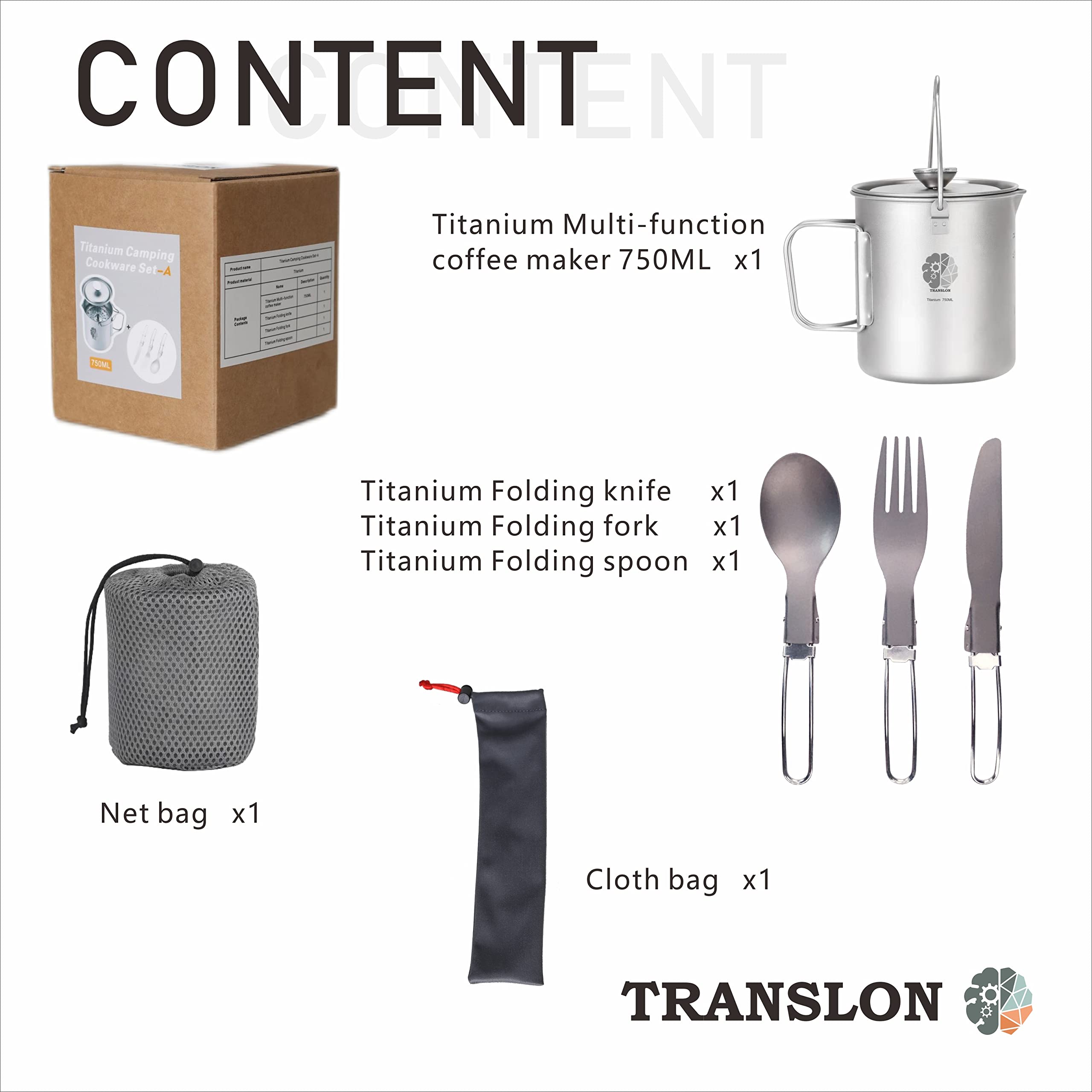 Camping Set Titan, multi-Funktion Tasse und Kaffeebereiter(French Press) sowie faltbar Campingbesteck Messer Gabel und Löffel (inklusive Tragetasche), leicht und tragbar