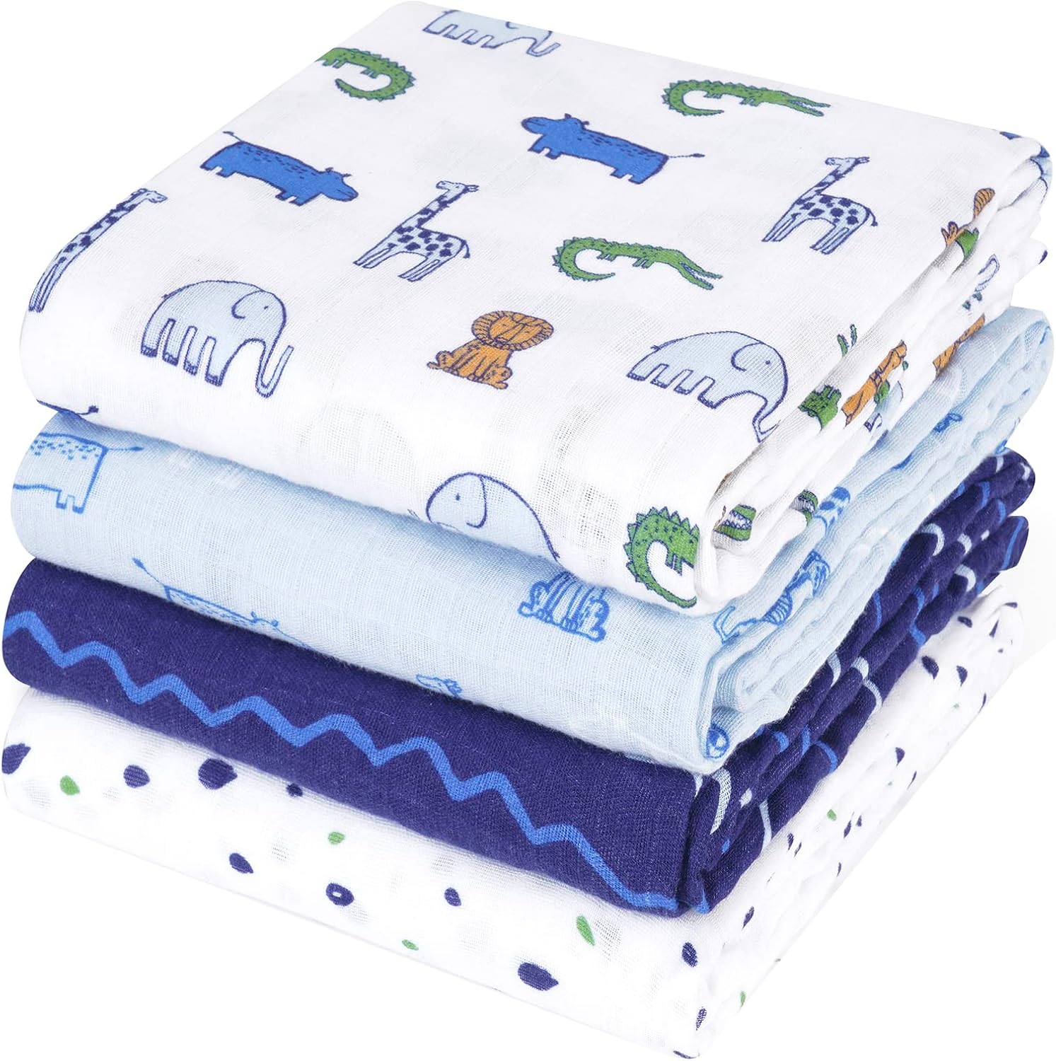 david’s kids 4 Pack Baby Muslin Swaddle Blankets, 100% Cotton and Ultra Soft Breathable Receiving Blanket Wrap for Boys Girls, New Born Essentials, Large 47 x 47 inches, Woodland/Elephant/Giraffe