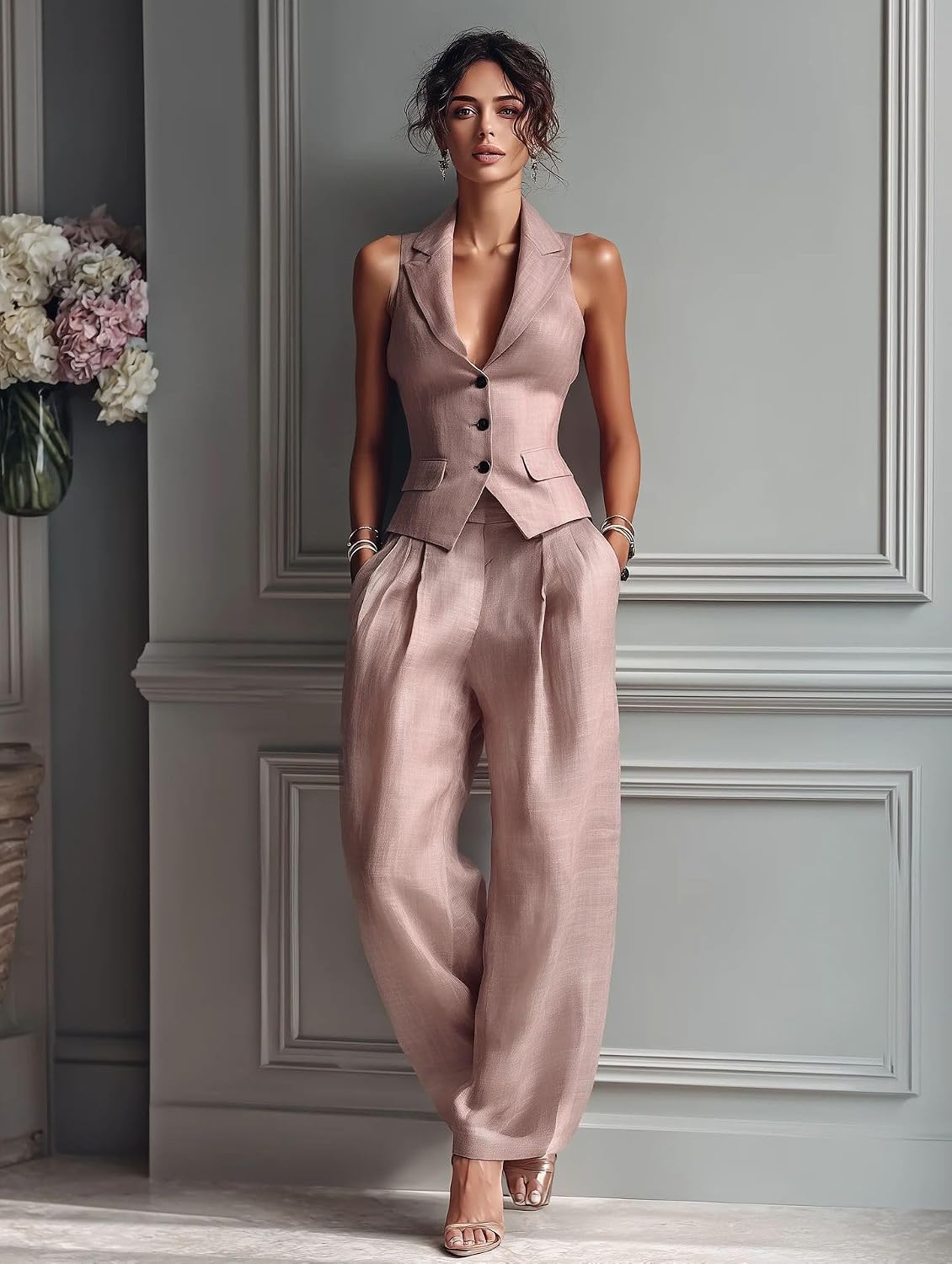 THLAI Womens 2 Piece Outfits Linen Blend Lapel Sleeveless Button Vest & High Waist Casual Pants Set Elegant Office Wear