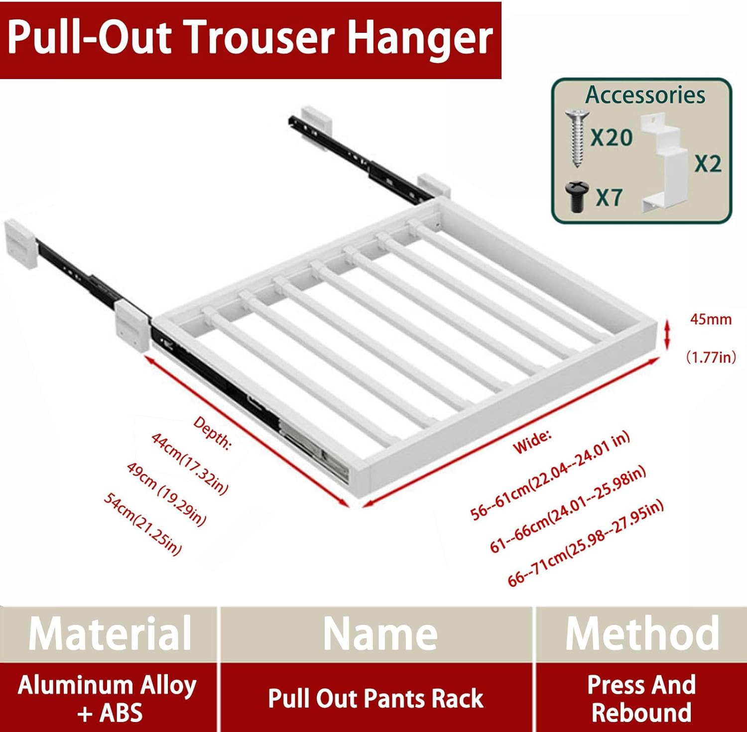 Hidden Drying Rack Pull Out Pants Drawer,Retractable Clothes Drying Rack,Adjustable Width and Depth,Aluminum Alloy,Detachable Hanging Rod,Id(Size:W: 56-61cm(22.04-24.01 in),Color:D: 54cm (21.25in))