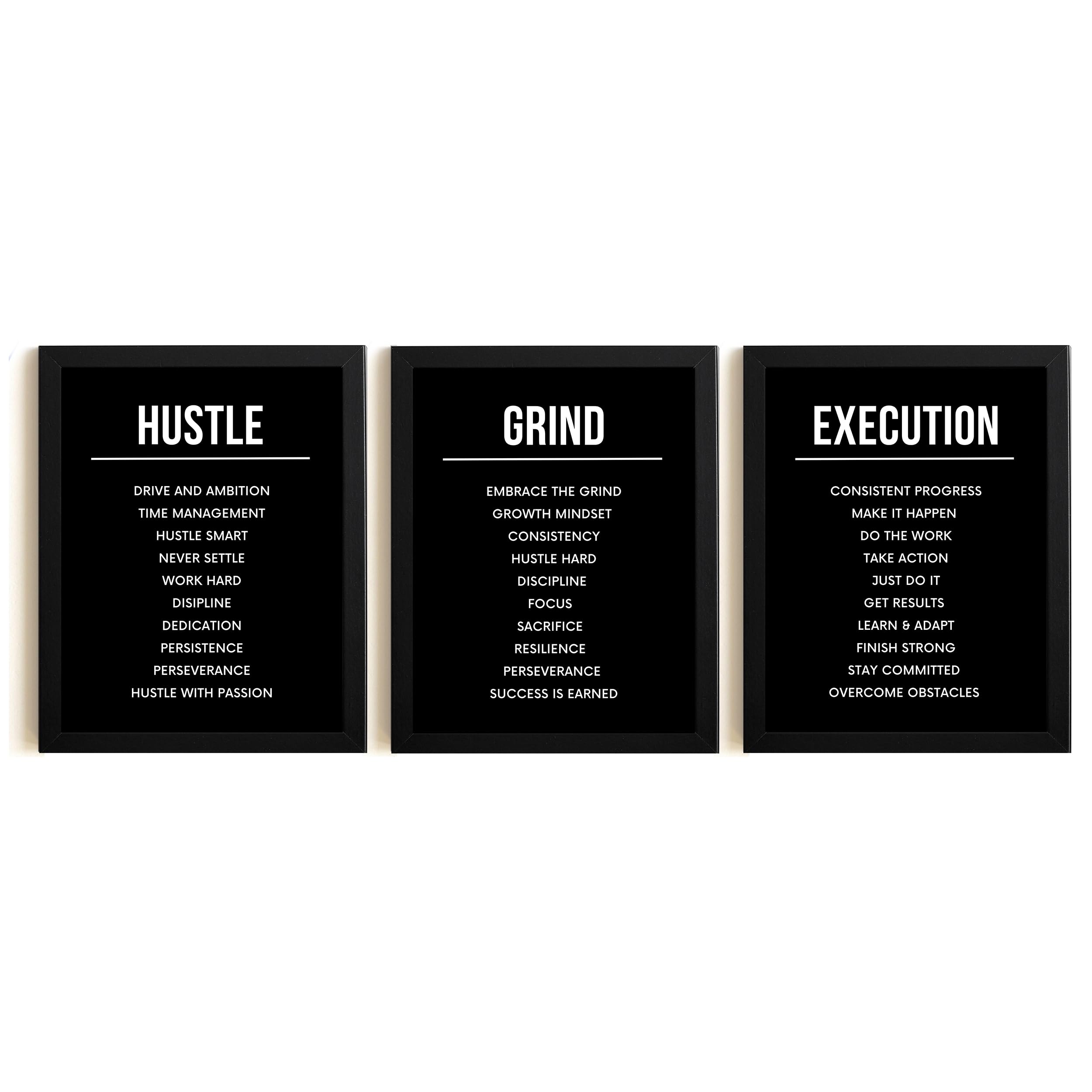 Hustle, Grind, Execution Motivational Quotes Wall Art Poster, Framed, Inspirational Motto Canvas Print Wall Art Printed on Premium Cardstock Paper Black (8.5 x 11 Inches) (8.5 x 11)