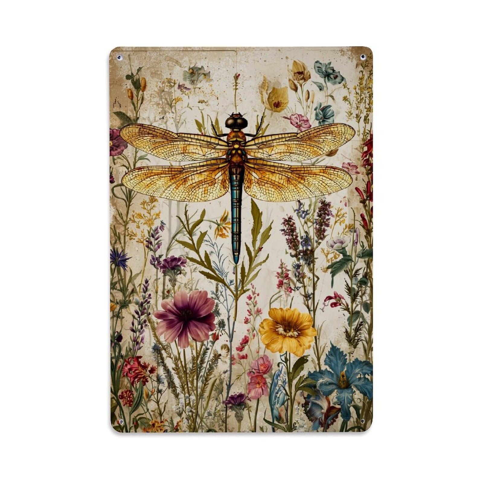 Jdyaojiesheng Vintage Dragonfly Floral Art Print Tin Sign Retro Metal Wall Decor Metal Poster, Home Bar Garage Farmhouse Cafe Wall Art Decoration 8X12inches