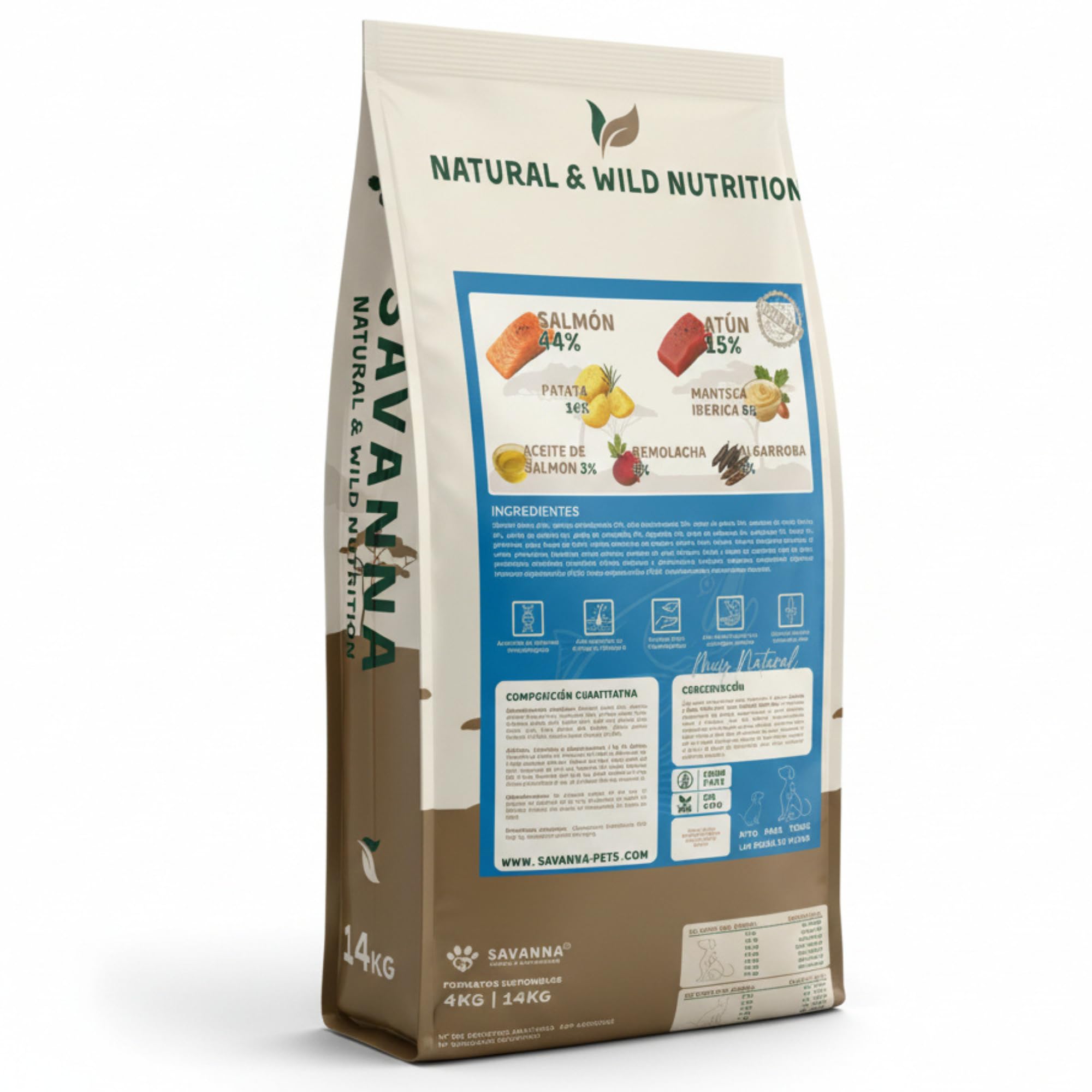 Pienso Hipoalergénico para Perros Adultos con Salmón y Atún, Savanna Hypoallergenic Sin Cereales Grain Free, Piel Sensible y Digestión, Racao Caes Sem Cereais, Todas Las Razas, 14 Kg