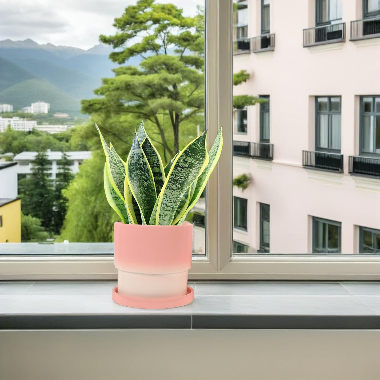 DOITOOL 2pcs Gradient Ceramic Succulent Planter Pots with Drainage Holes and Saucer, Medium and Small Terracotta Style Clay Flower Pots for Indoor Desk Plants and Succulents