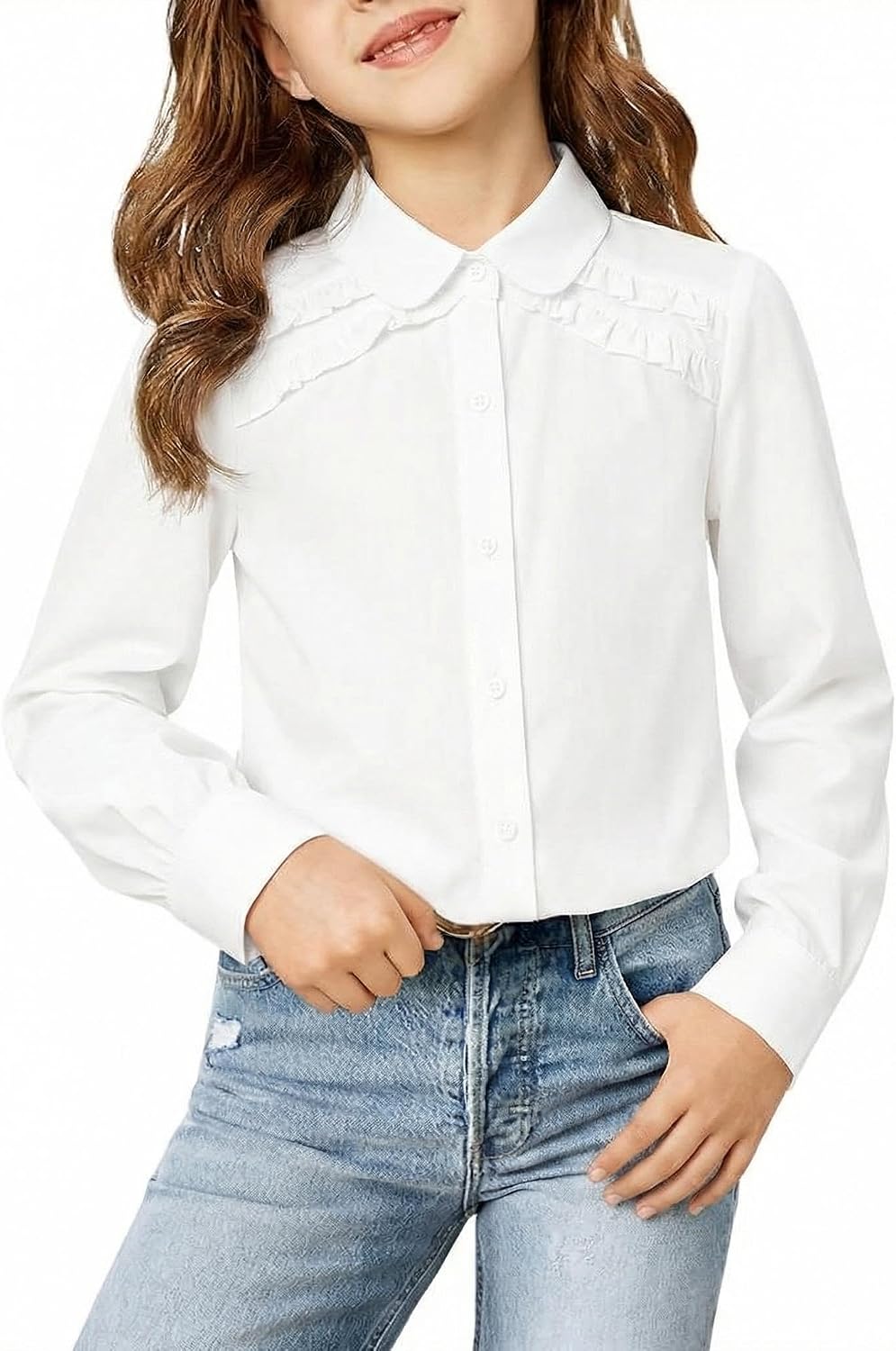 Girls White Long Sleeve Button Down Shirt Ruffled Turn Down Collar School Unifrom Blouse Top 4-13Y