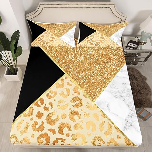 Manfei Sábana bajera ajustable de mármol, tamaño individual, funda de cama con purpurina dorada y estampado de leopardo con 1 funda de almohada,