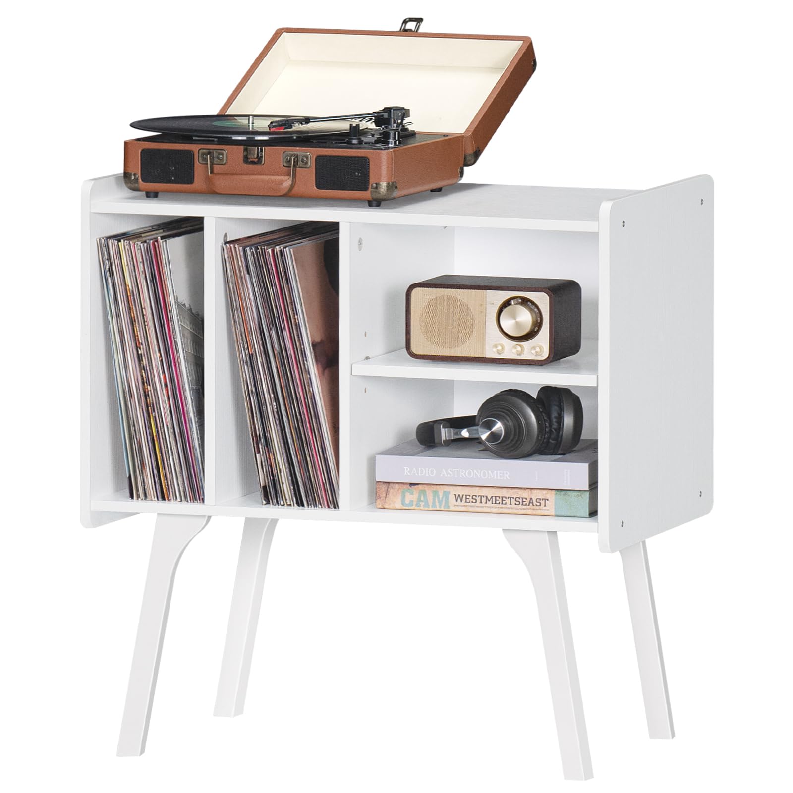 LELELINKY Record Player Stand,Vinyl Record Storage Table with 4 Cabinet Up to 120 Albums,Mid-Century Turntable Stand with Wood Legs,White Vinyl Holder Display Shelf for Bedroom Living Room