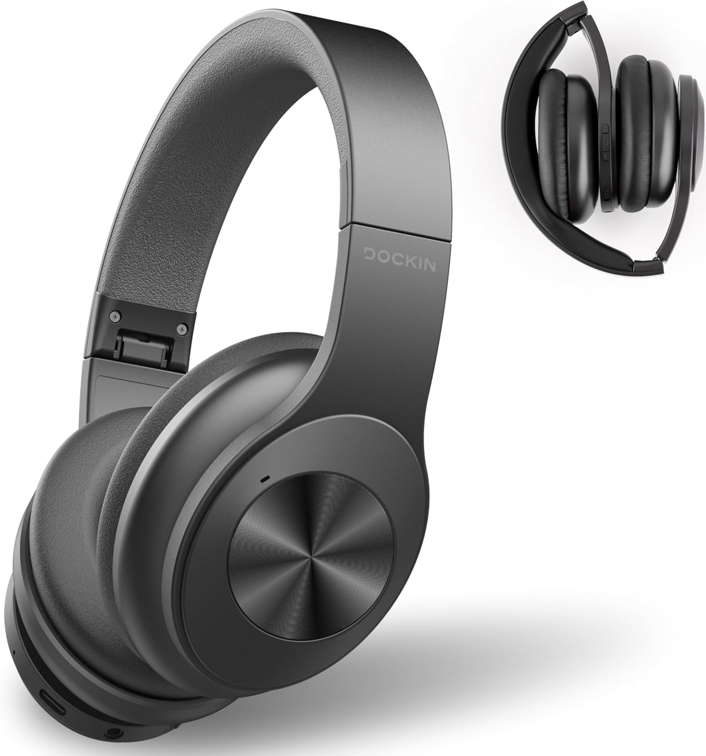 DOCKIN D Pure NC over-ear headphones in black, shown unfolded and folded for portability.