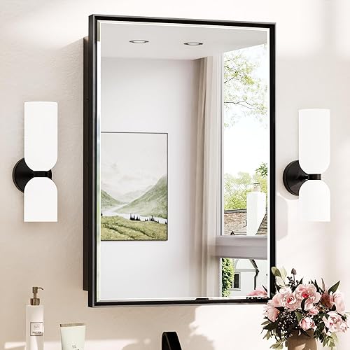 Miniatura 1 de TokeShimi Botiquín empotrado de 17 x 25 pulgadas con espejo montado en superficie, espejo biselado de metal con almacenamiento para tocador de baño,