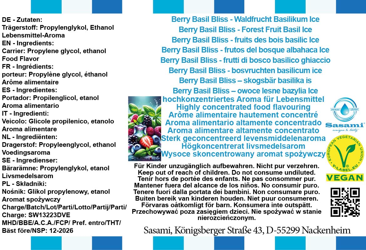 Berry Basil Bliss - fruits des bois basilic Ice arôme concentré - Vegan - Sasami - 100 ml