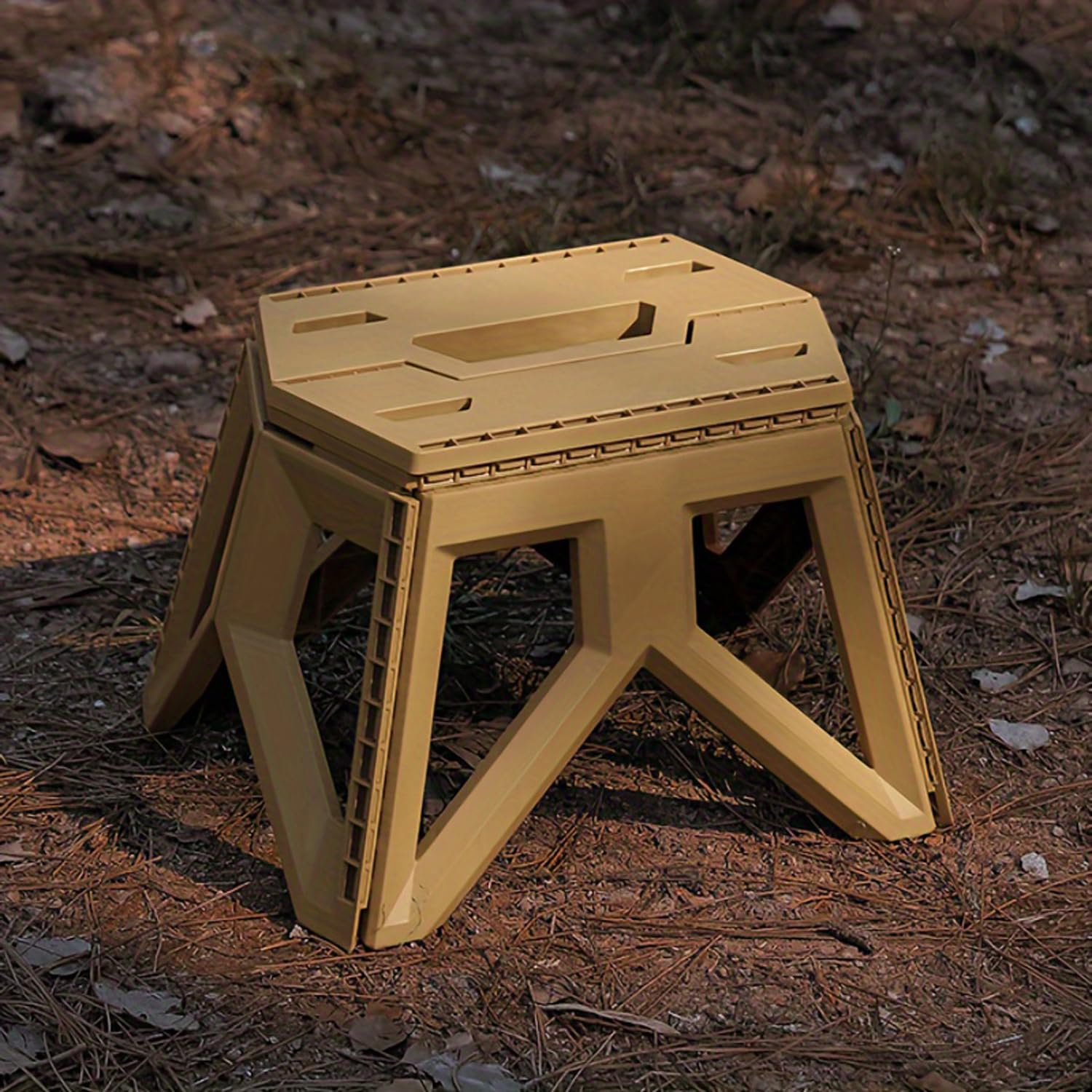 Foldable Stool, Folding Step Stool One Step Step Stool, Portable Camping Low Stool with Handle, Collapsible Footstool for Fishing, Camp, Kitchen, Patio, Home, Fold Up Small Stool (Khaki, 1)