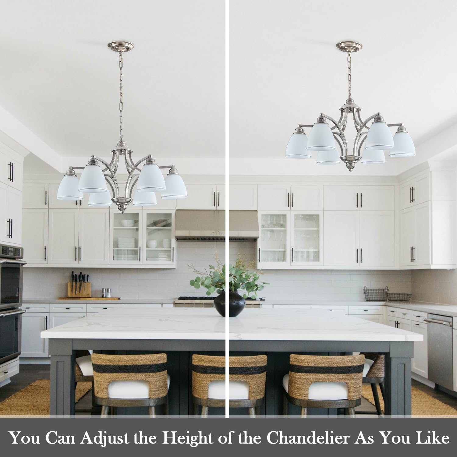 6-Light Brushed Nickel Farmhouse Chandelier for Dining Room with Milk White Frosted Glass Shades Adjustable Max Length 47" Hanging Light Fixtures for Kitchen, Living Room, Foyer, Entry