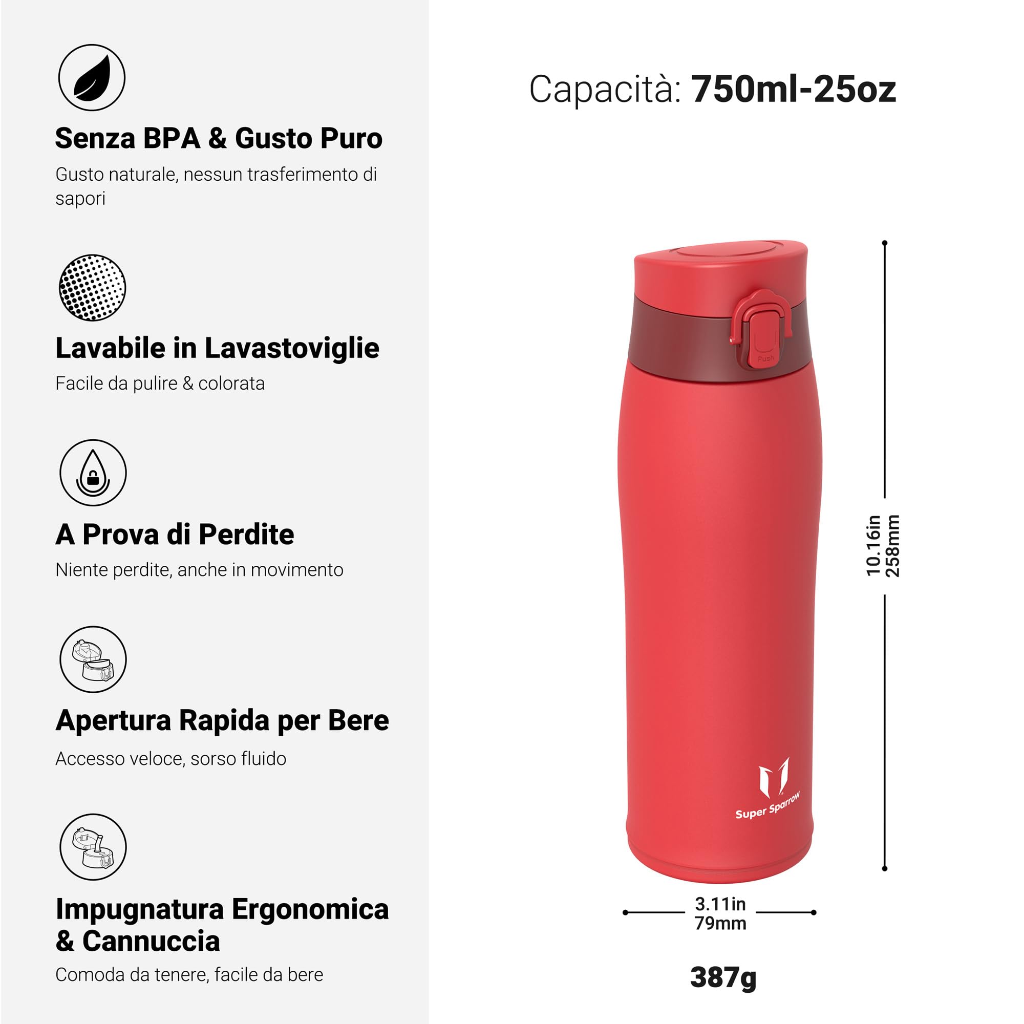 Super Sparrow Borraccia Termica, Acciaio Inox Bottiglia Termica - 350ml, 500ml, 750ml, 950ml - Senza BPA Termos, Borracce Termiche Bambini - Include 2 Coperchi con Cannuccia e Coperchio Sportivo