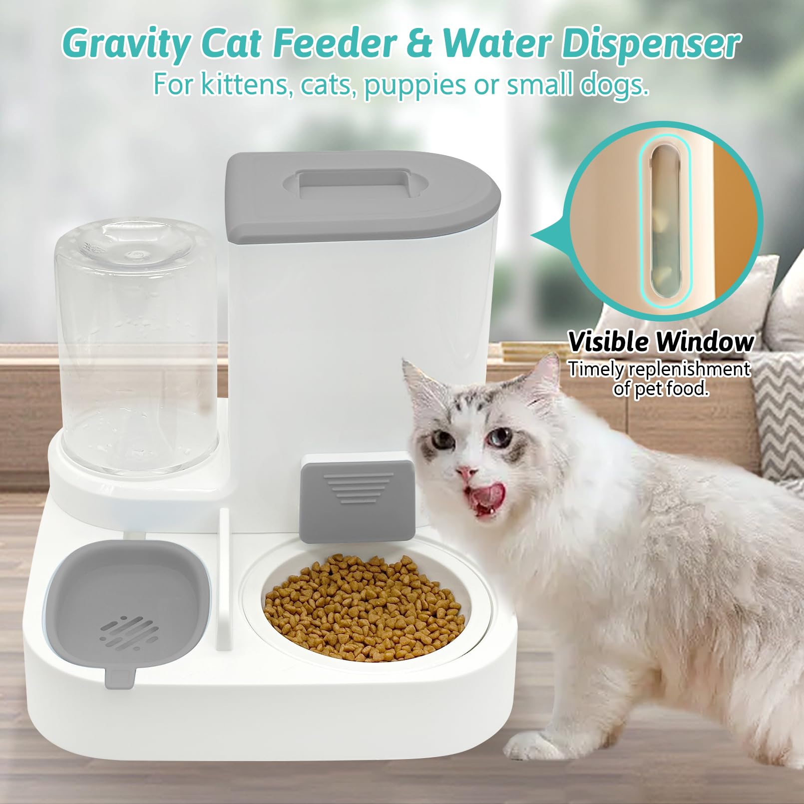 Fhiny Gravity Cat Feeder and Water Dispenser, 2 in 1 Automatic Pet Waterer Detachable Stainless Steel Food Bowls Set Pet Food Storage for Small Dog Puppy Cat Kitten Pet Easy Clean (Grey): Style A Grey-Ceramic Bowl