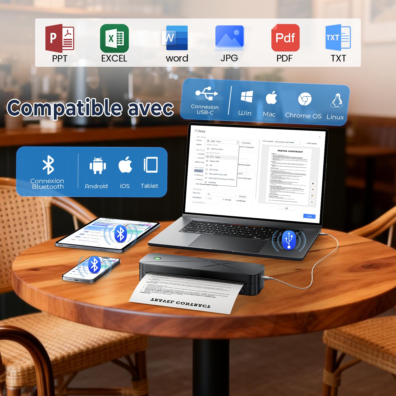 Imprimante Thermique Portable A4 Bluetooth 300 DPI Sans Encre 2600 mAh Compatible Papier A5/B5