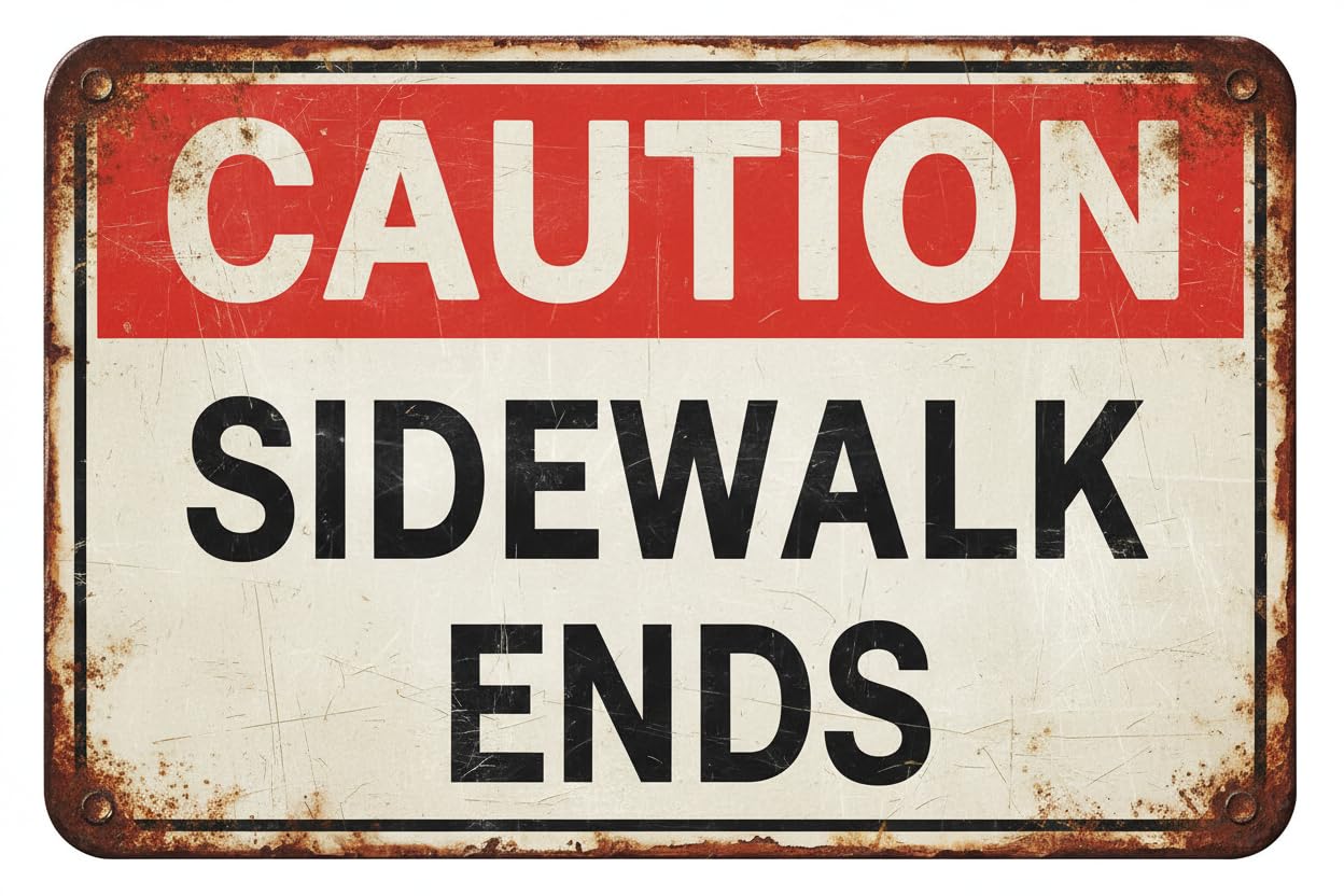 Wall Decor Caution Sidewalk Ends Sign. 8x12Inch Metal. Sidewalks Walkway Safety Vintage Signs Aluminum Plates Printed