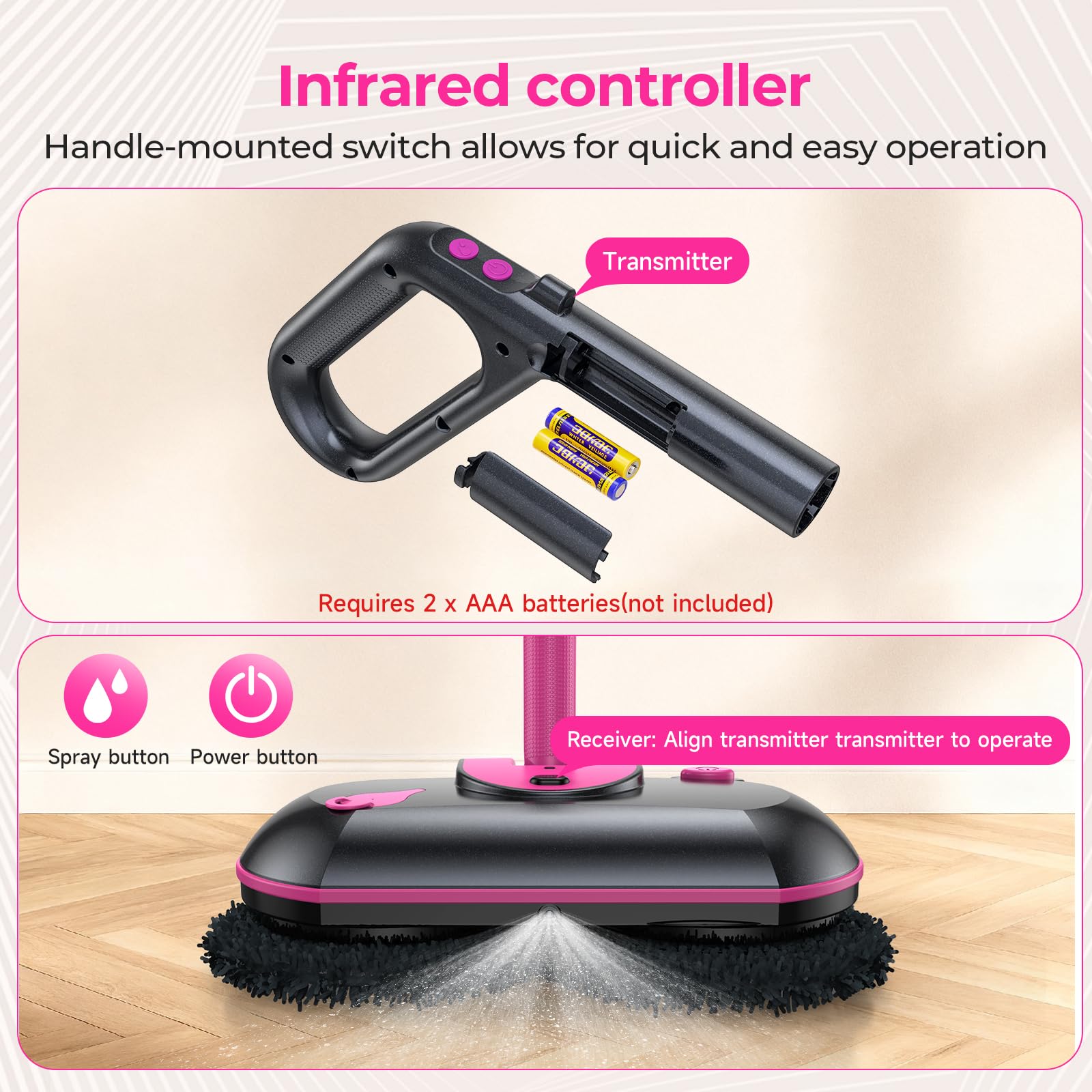 ScrubWiz Trapeador eléctrico inalámbrico, mopa giratoria eléctrica con spray de agua, potente limpiador de pisos, limpieza y cera súper silenciosa, blanco y negro