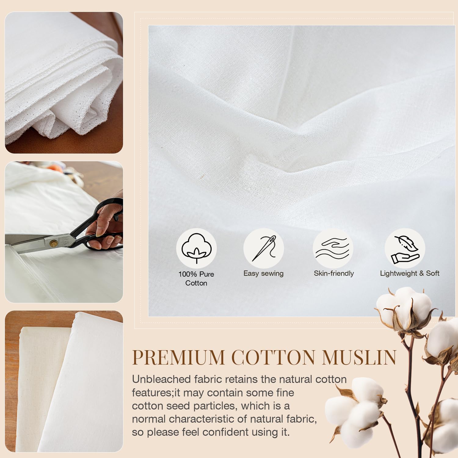 Simple&Opulence Tela de muselina 100 % algodón, 59 pulgadas de ancho, material suave, transpirable y versátil para costura, manualidades y decoración del hogar (natural sin blanquear, 10 yardas)