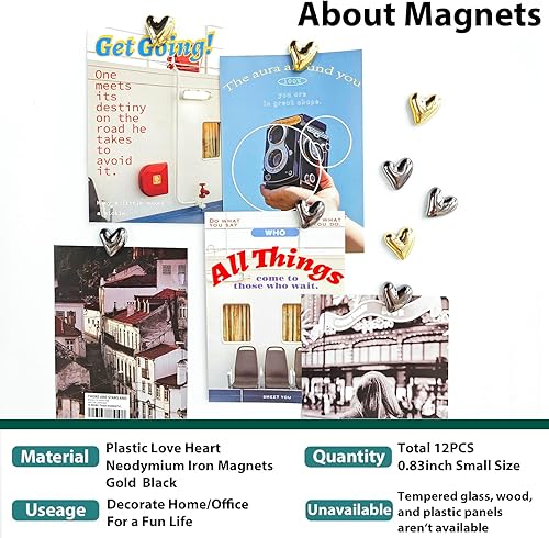 Miniatura 109 de 20 imanes dorados para refrigerador, lindo corazón de amor, imanes decorativos plateados para nevera, juego de imanes de cocina para el hogar