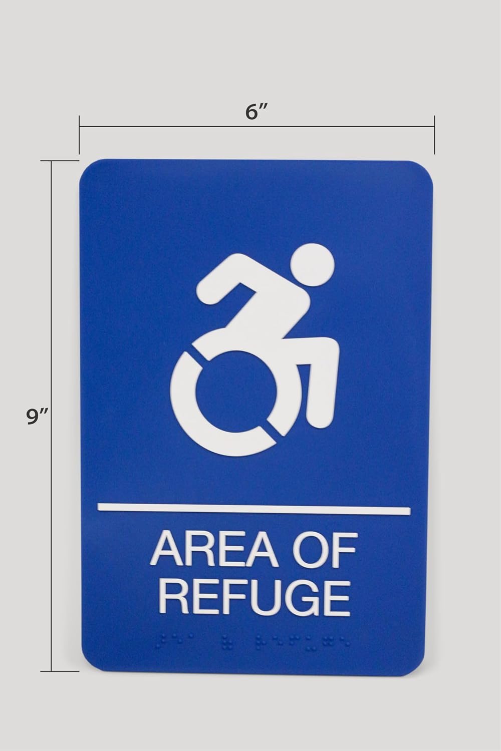 Headline Sign Dynamic AREA OF REFUGE Accessible ADA Sign, Raised White Letters Braille and International Symbols, Rigid Plastic with Mounting Tape included, Made in USA, 6" x 9" x 1/8" Blue