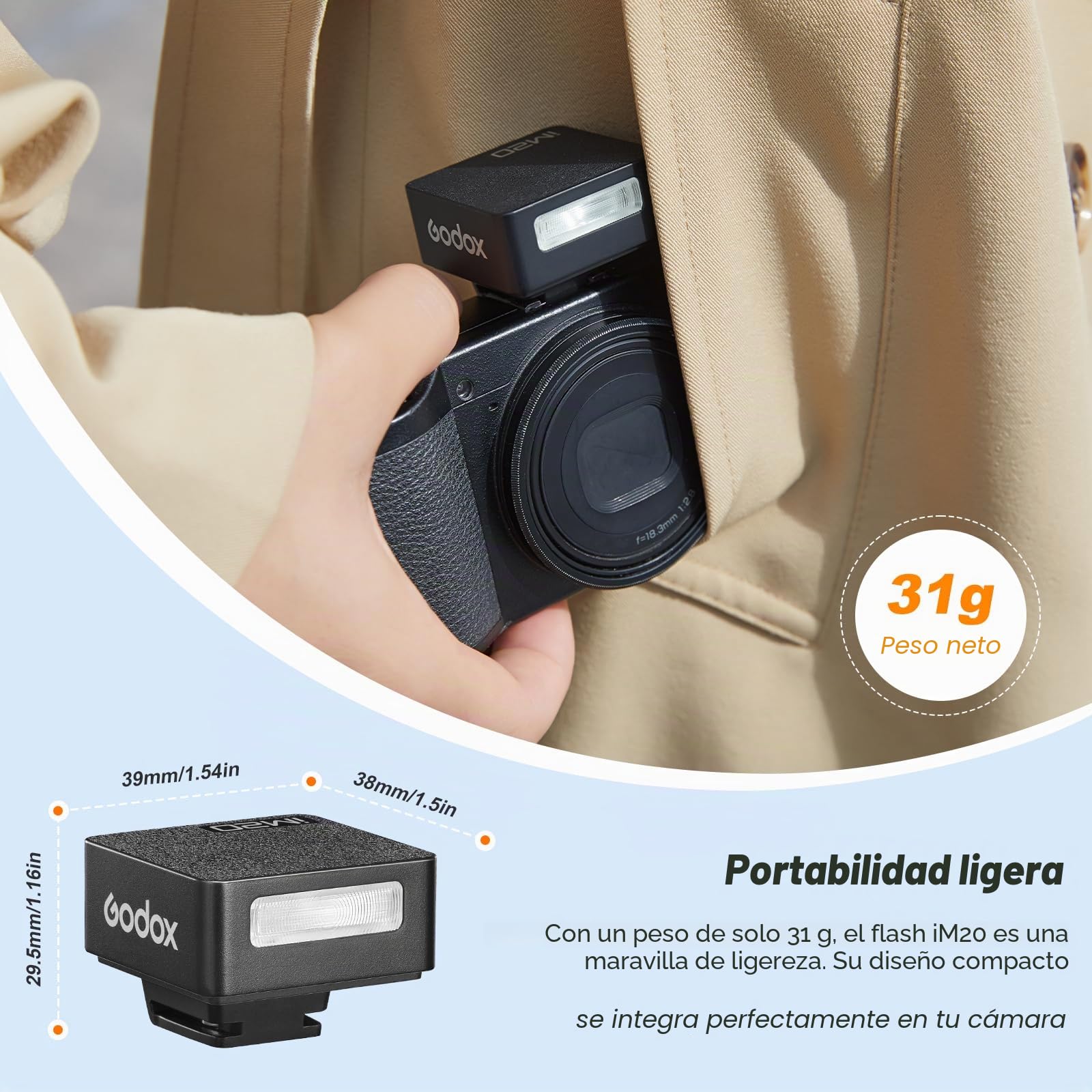GODOX Mini Flash de cámara iM20, 5 Niveles de Potencia de Flash, 6000 K ± 200 K 440 Full Power Flashes Godox im20 Mini Flash para Canon Sony Nikon Fuji Olympus