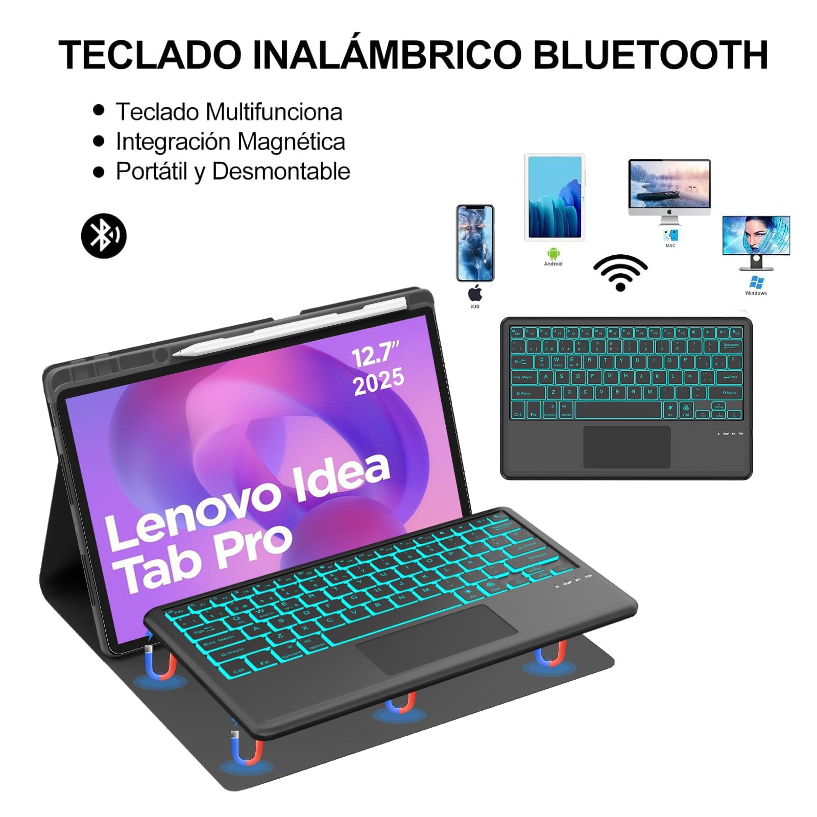 Funda Teclado con Trackpad para Lenovo Idea Tab Pro 12.7 Pulgadas, Español Ñ Teclado Bluetooth Desmontable con Retroiluminación de 7 Colores y Trackpad para Lenovo Idea Tab Pro 2025 12.7", Negro