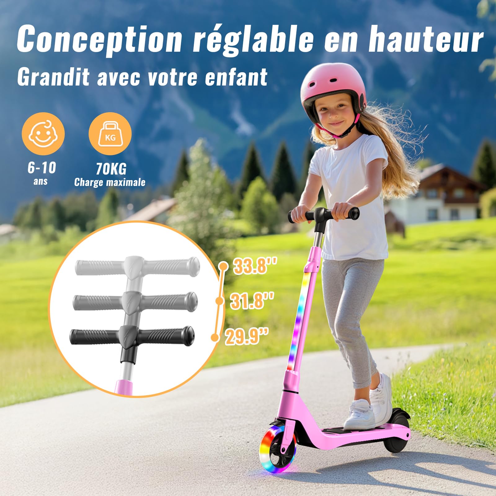 TST - Patinete eléctrico para niños de 6 a 8 a 10 años con luz LED Colorida y 3 Alturas Ajustables, 5,3 Pulgadas, Scooter eléctrico para niños, Carga máxima 70 kg, Velocidad máxima 10 km/h, autonomía