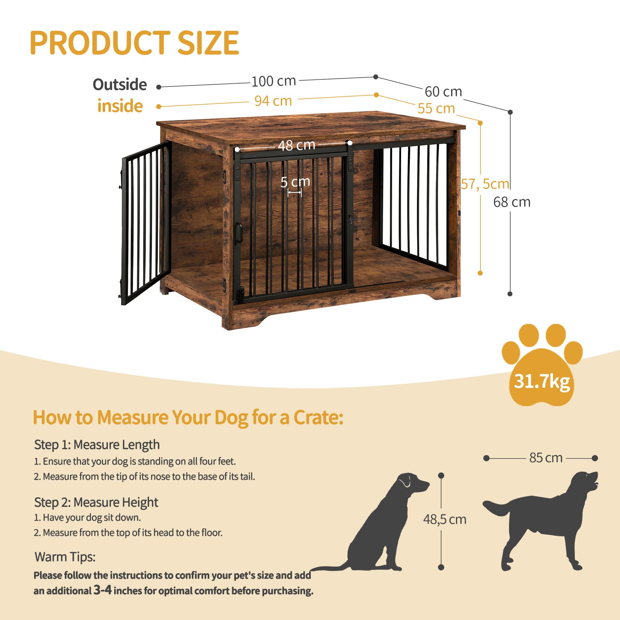 Hzuaneri Hundekäfig Möbel, 100cm hundebox für zuhause, Schiebetüren, 2 Tür, Moderne hundebox Holz Indoor für kleine/mittlere/große Hunde, Hundekäfig für Zuhause, 100 x 60 x 68 cm, Vintagebraun