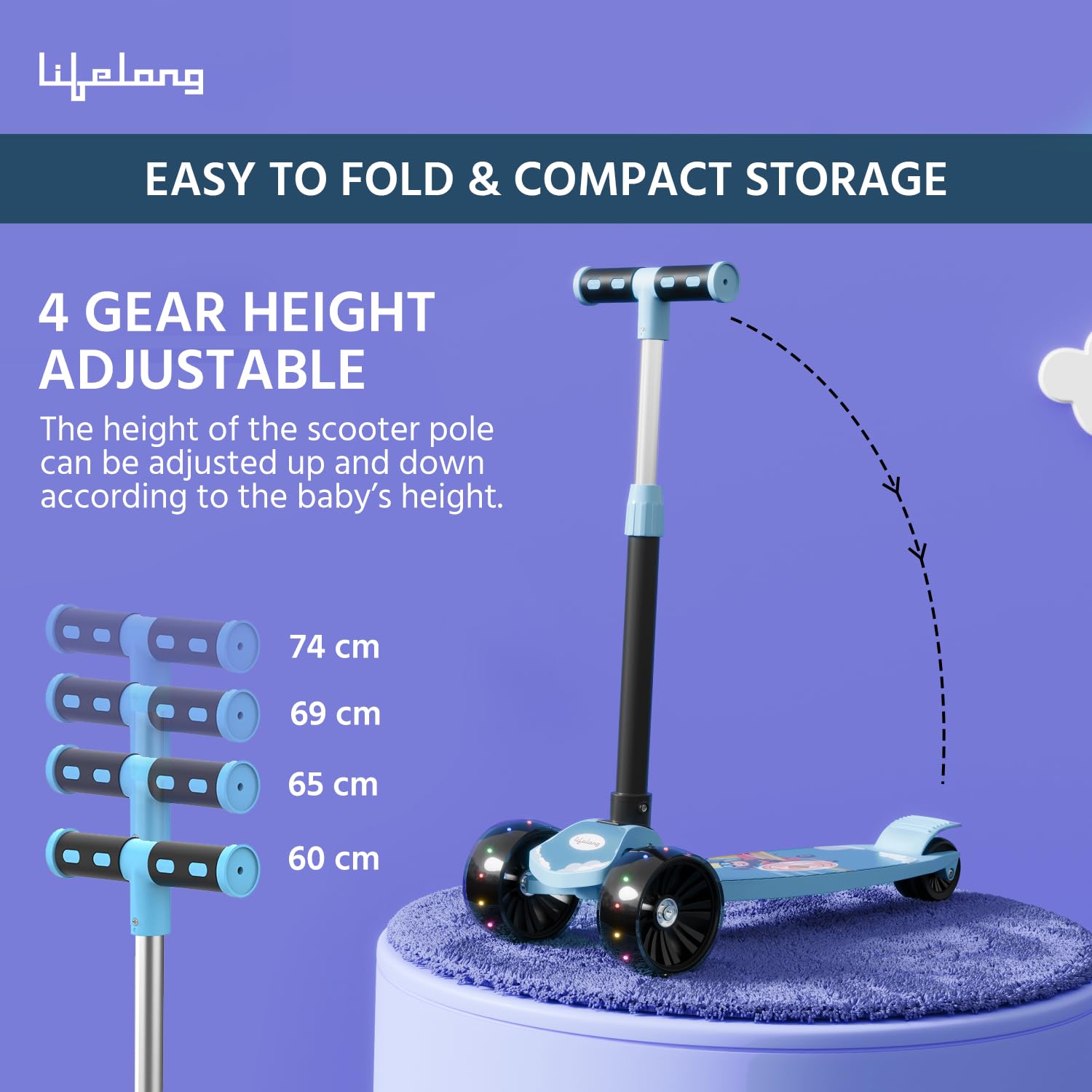 Lifelong Foldable Kids Kick Scooter with LED Wheels & Adjustable Height - Capacity 50kg- for Baby 3+ Year Old boy & Girl - Skate, Blue — Amazon image 6
