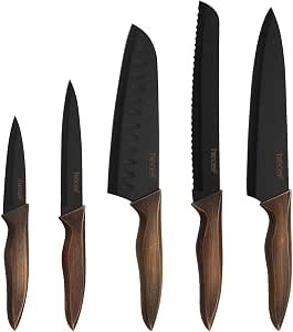 hecef 5 Piezas Cuchillos Cocina Profesional, Set Acero Inoxidable Negro, Cuchillo Chef para Pan, Santoku, Cuchillo Multifuncional, de Pelar