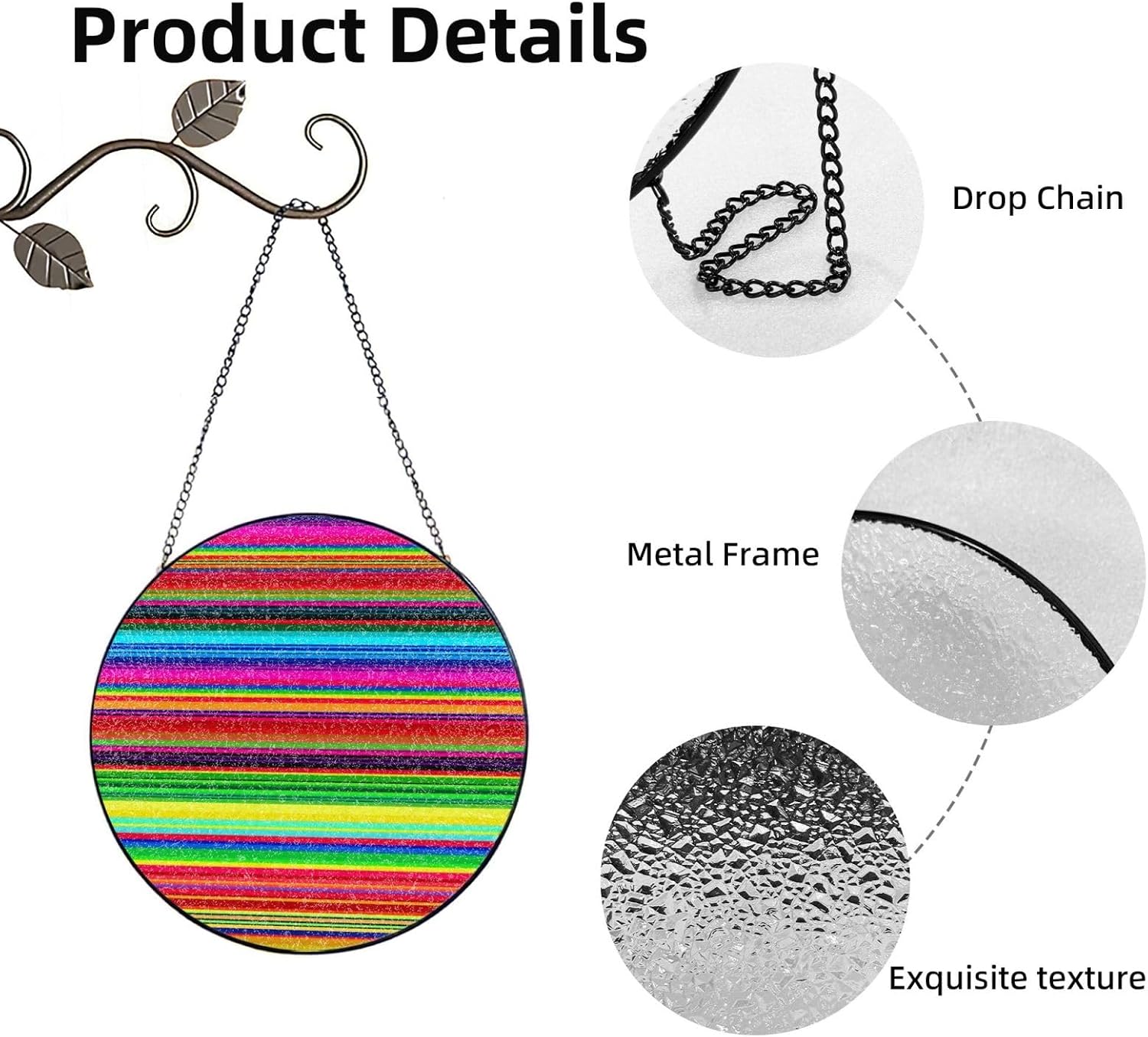 Stained Glass Window Hanging 6in（15cm）, Colorful Mexican Stripes Glass Suncatcher for Home Decor, Indoor Wall Art Glass Panel with Metal Chain and Hooks, Sun Catcher Ornament Birthday Gifts
