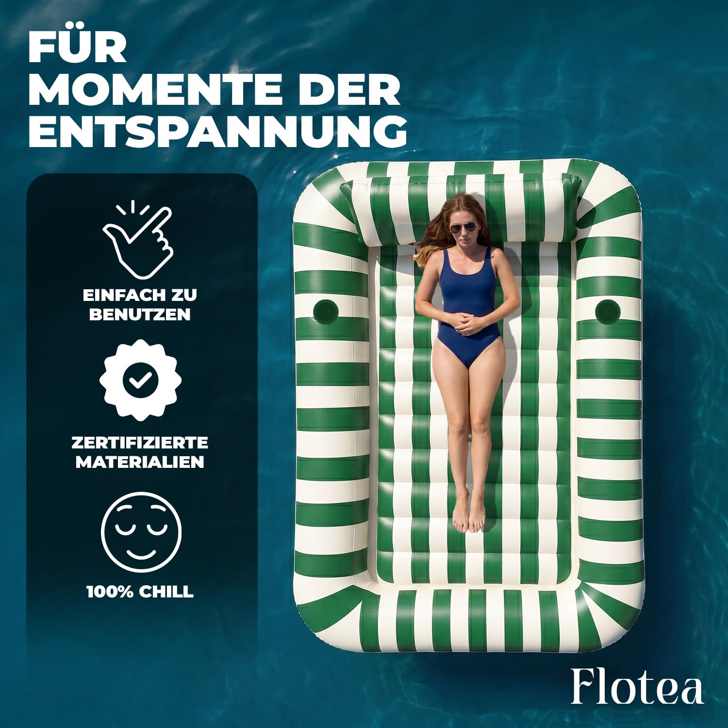 Flotea® Aufblasbare XXL Pool-Luftmatratze für Erwachsene 2 Personen | Schwimmmatratze mit Kissen und Getränkehaltern | PVC 215 x 148 cm | Pool, Strand, Meer & Urlaub | Original Corner