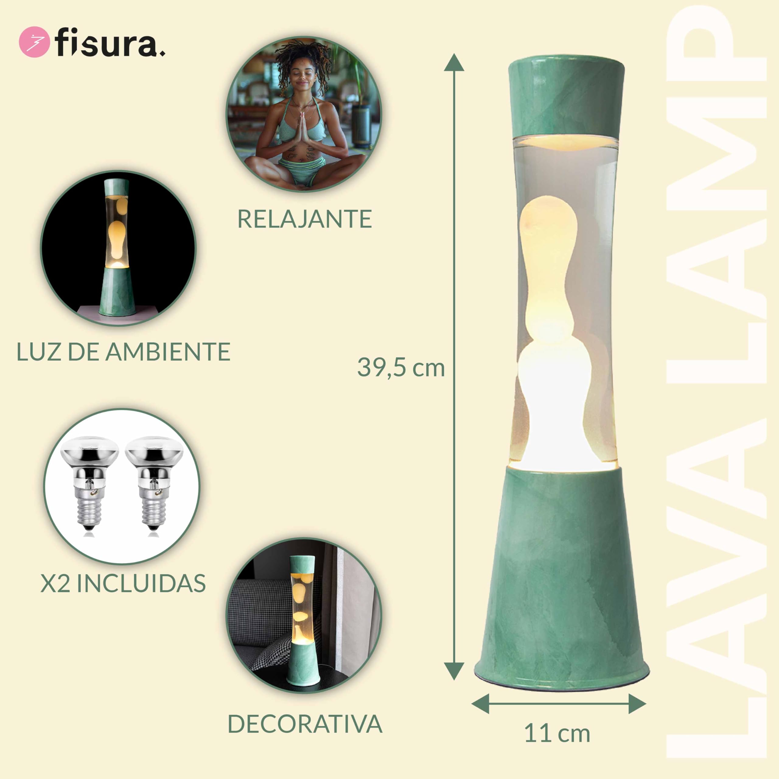 Fisura - Lámpara de lava “Jade”. Base jade, líquido transparente y lava blanca. Lámpara efecto relajante. Con bombilla de repuesto. 11 cm x 11cm x 39,5 cm.