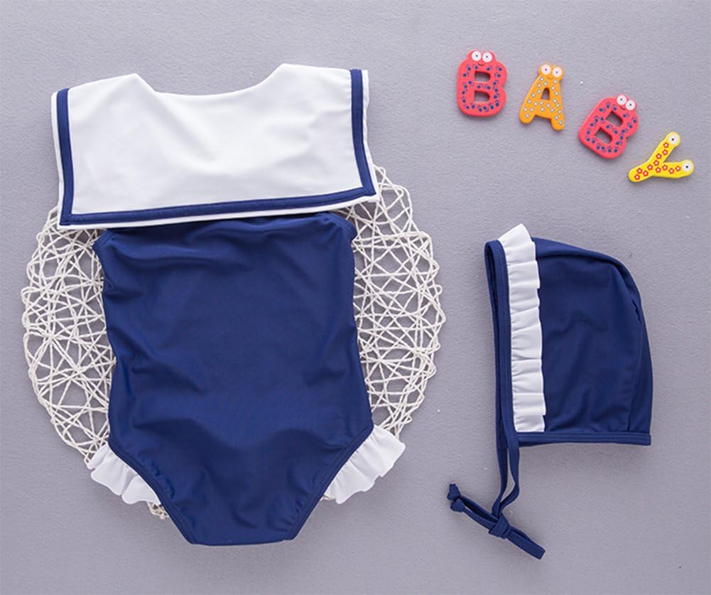stylesilove Baby Girl Sleeveless Navy Sailor Swimsuit and Hat 2-pc Swimwear Girls Bathing Suit