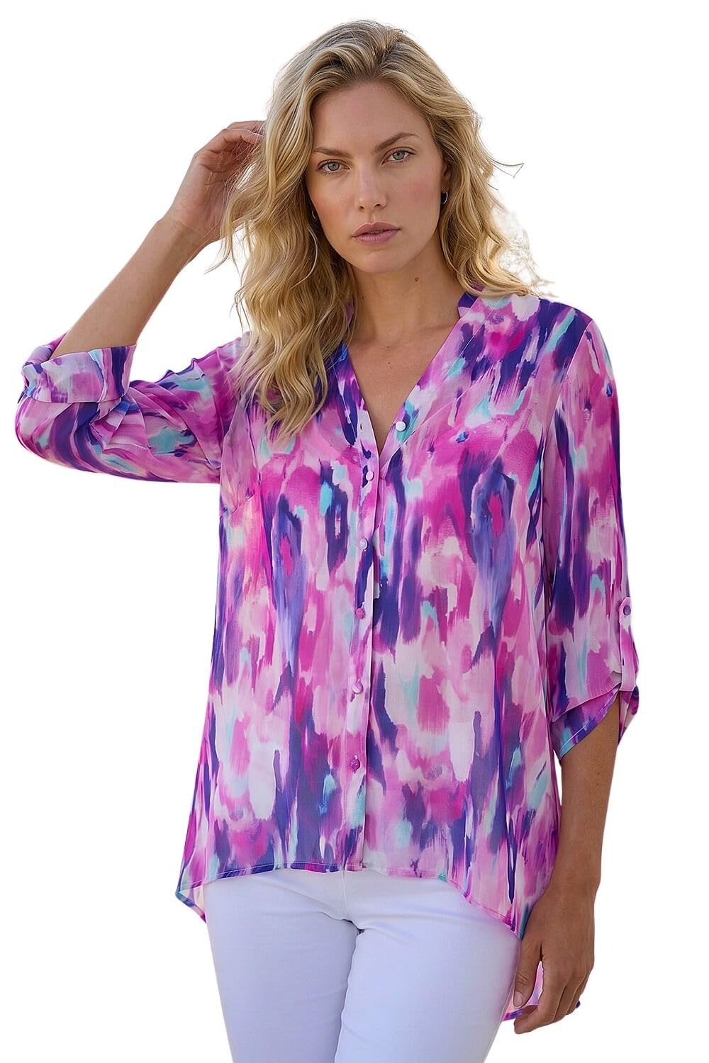 Roman Originals Women's Purple Blurred Print Frill Blouse For Uk - Everyday Holiday Spring Summer V-Neckline Comfy Soft Evening Vacation Work Party - Size 20