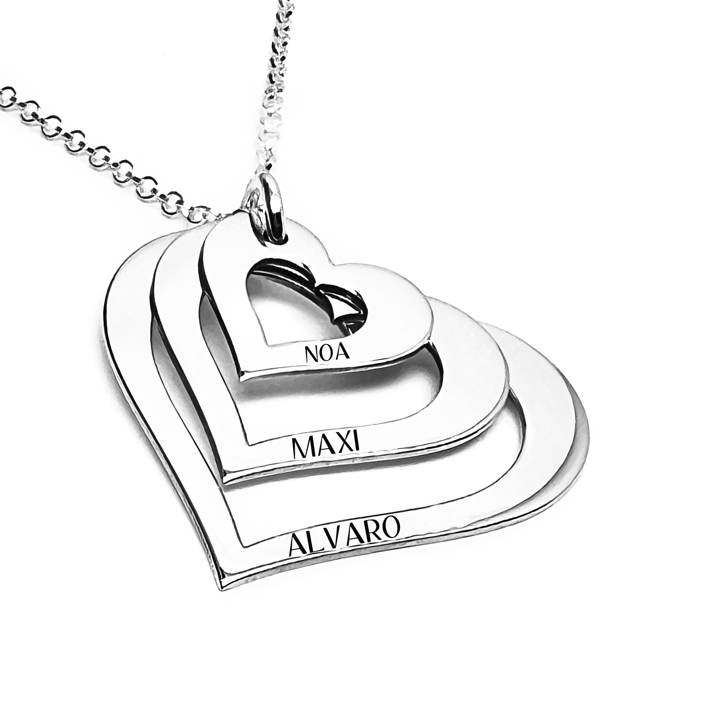 Collar Corazón Personalizado en Plata de Ley 925/1000 .Regalo Día de la Madre. Detalle Navidad. Joya Personalizada. Medidas 16-24-32mm. Modelo 3 Corazones 25