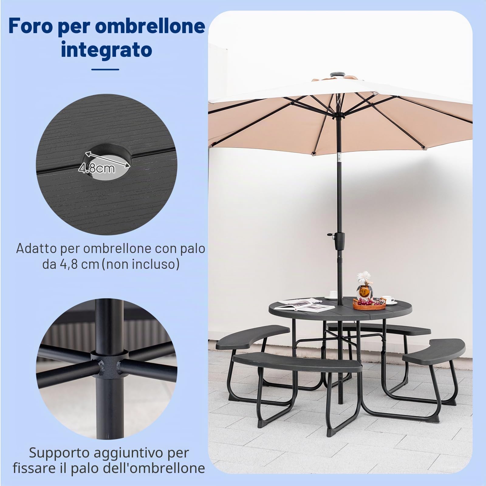 KOMFOTTEU Set di Tavolo da Picnic Rotondo per 8 Persone, Set di Sedie e Tavolo con Foro per Ombrellone, Mobili da Giardino con 4 Panche, in HDPE e Metallo, φ190 x 76 cm (Nero)