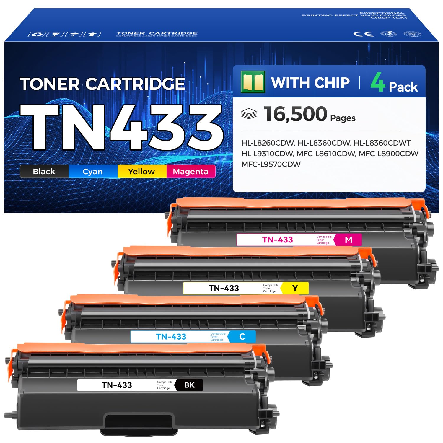TN433 Toner Cartridge Set 4-Pack Printer Replacement Compatible for Brother TN-433 TN431 TN436 MFC-L8900CDW HL-L9310CDW HL-L8360CDW HL-L8260CDW MFC-L8610CDW MFC-L8905CDW MFC-L9570CDW HL-L8360CDWT Ink