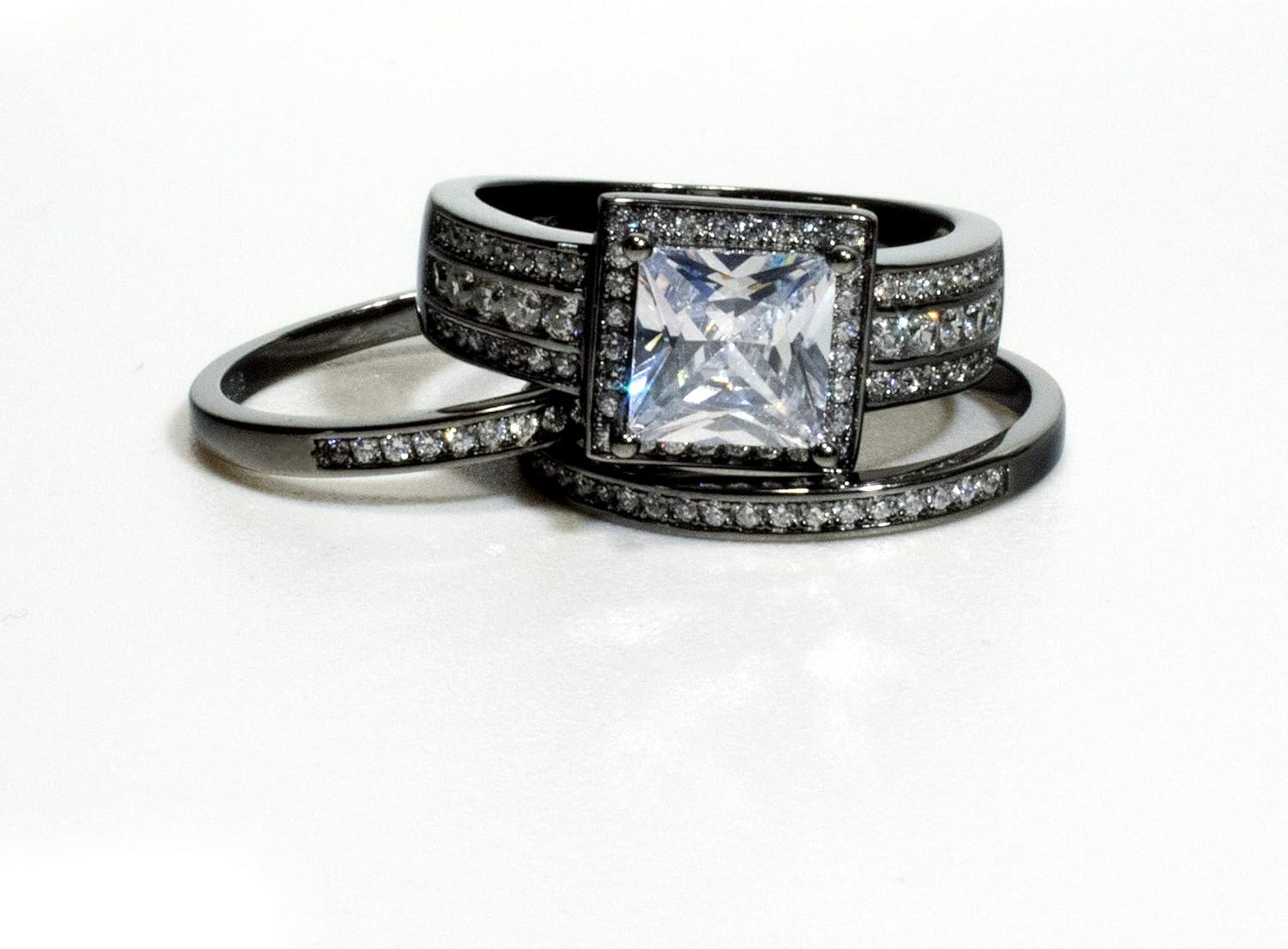 Beverly Wedding Ring Set for Women by Ginger Lyne | 3 Piece White Gold over Sterling Silver Engagement Ring Two Matching Anniversary Bands Square Halo Design Cubic Zirconia Princess Cut Center Stone