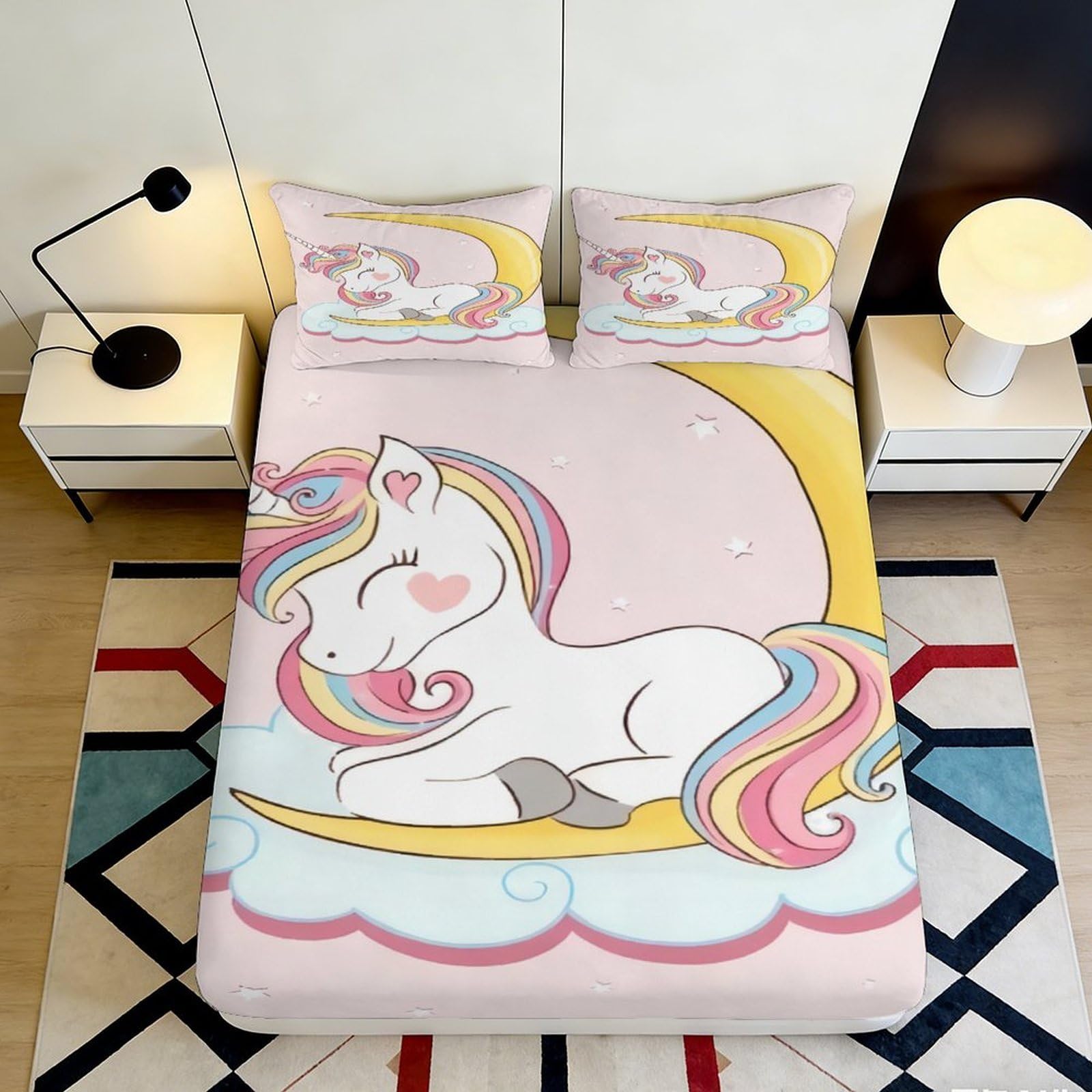 3D Printed Unicorn Pattern Fitted Sheet Microfiber Soft Breathable Moon Bed Cover for Bedroom Dormitory Guest Room Mattress Protection Decor 140x200x25cm