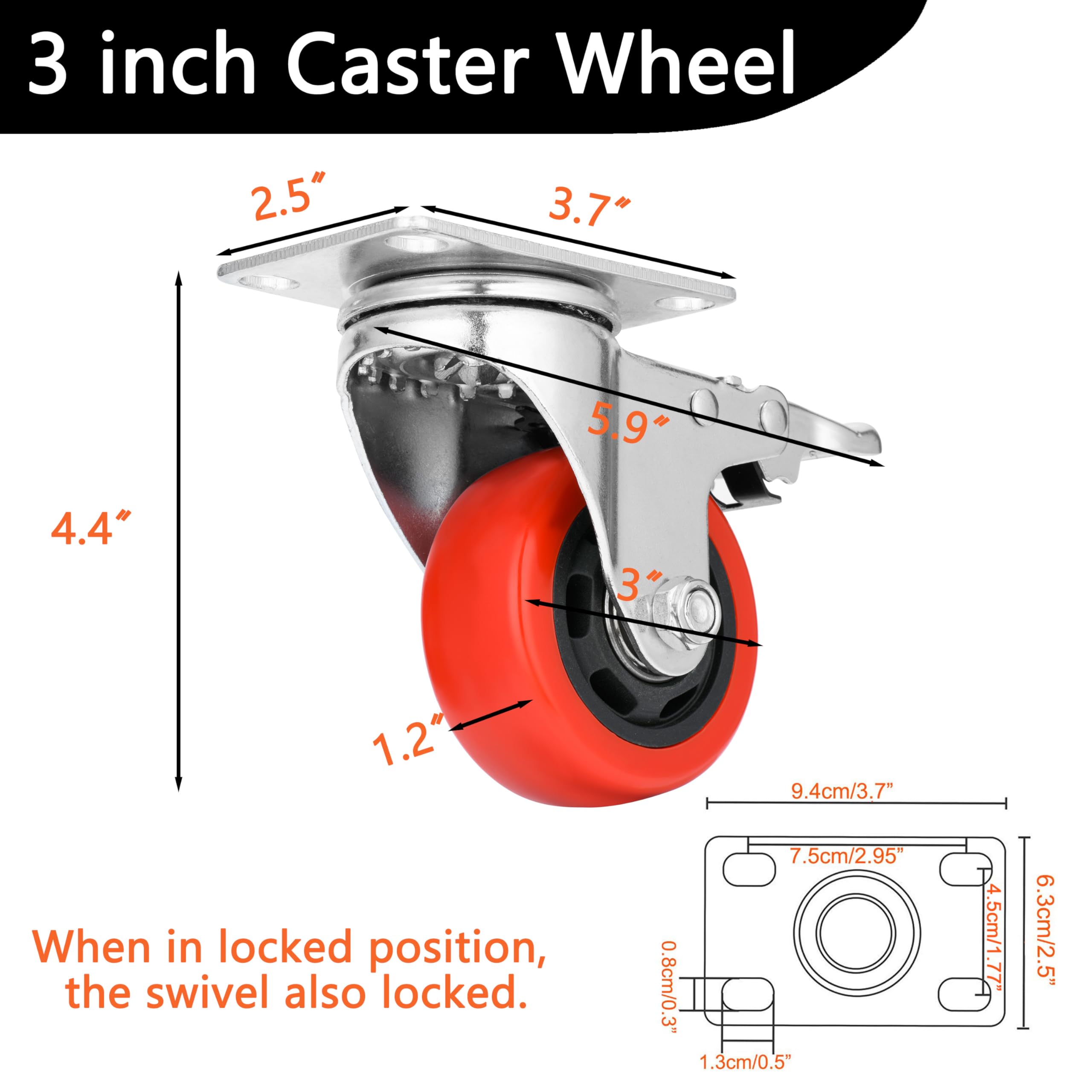 Lockable Bearing Plate Caster Wheels With Brakes, Casters Set Of 4 - View #5