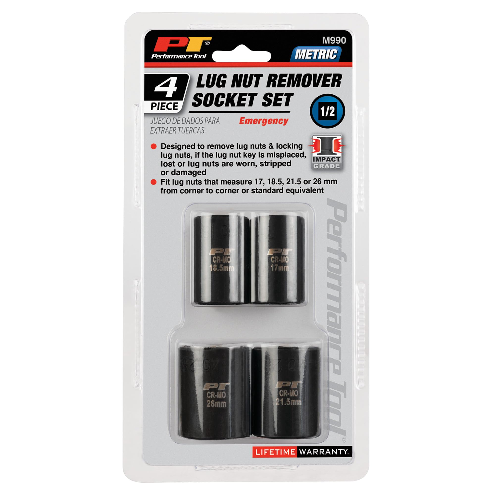 Performance Tool Juego de llaves de impacto M990 resistentes para extracción de tuercas de lengüeta, se adapta a 17 mm a 26 mm, acero CrMo, acabado resistente al aceite, unidad de 1/2 pulgada