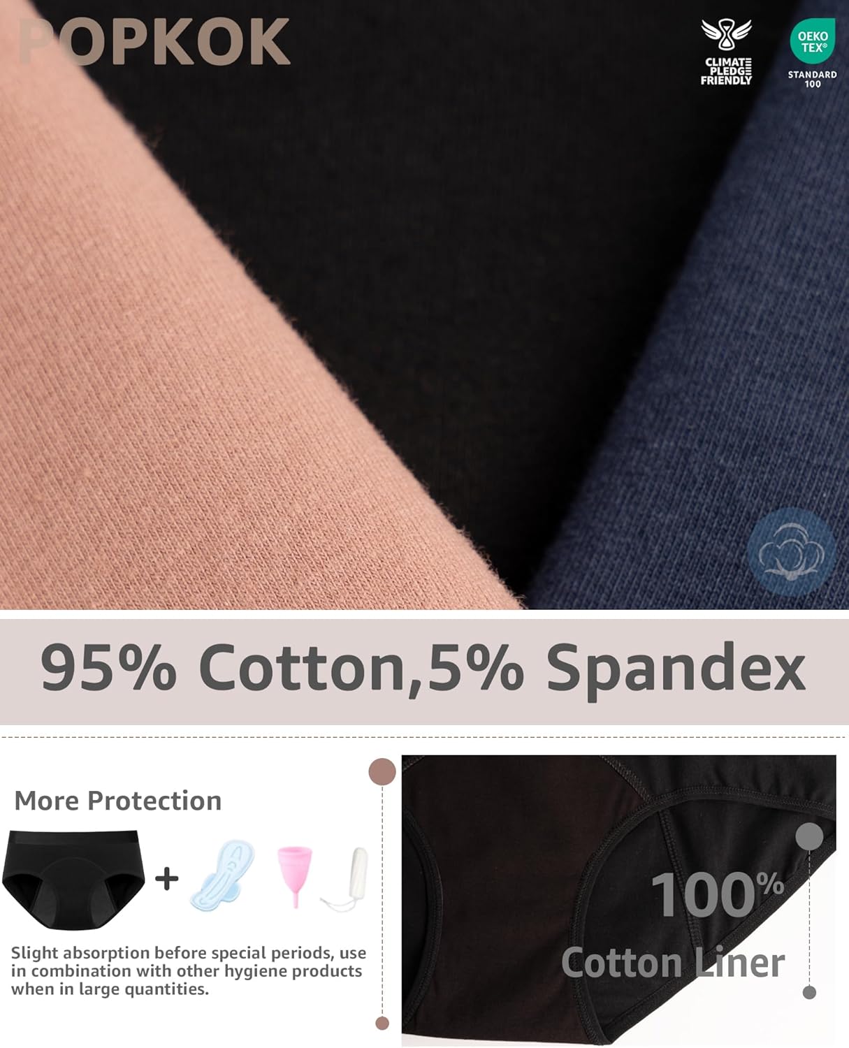 POPKOK Period Underwear Womens Cotton Hipster Postpartum Panties 3 Pack - Image 4