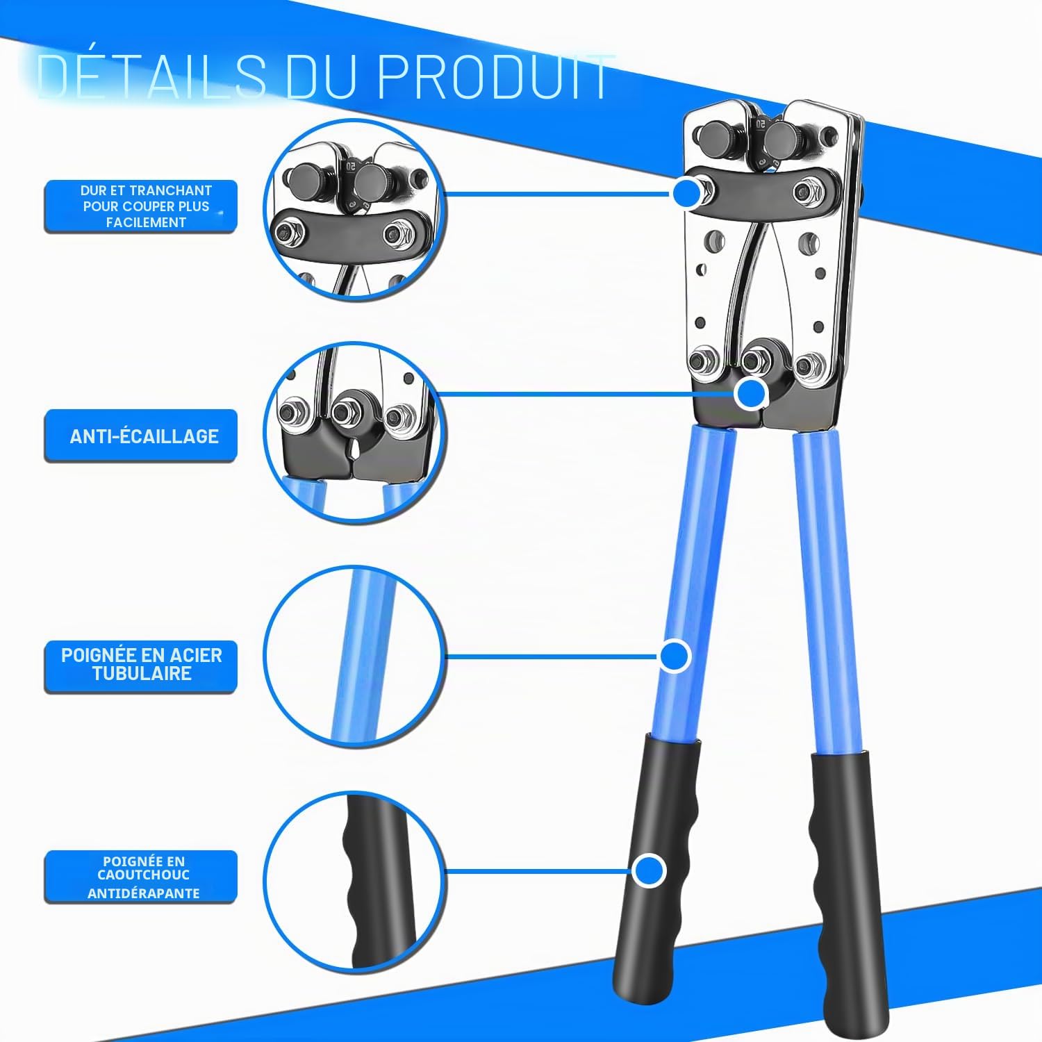 Pince à Sertir Professionnelle pour Cosses 10-1/0 AWG (6-50mm²) - Avec 80 Bornes à Anneau en Cuivre + 80 Gainettes Thermorétractables, 8 tailles, Outil de Crimpage Électrique à Cliquet Multifonction